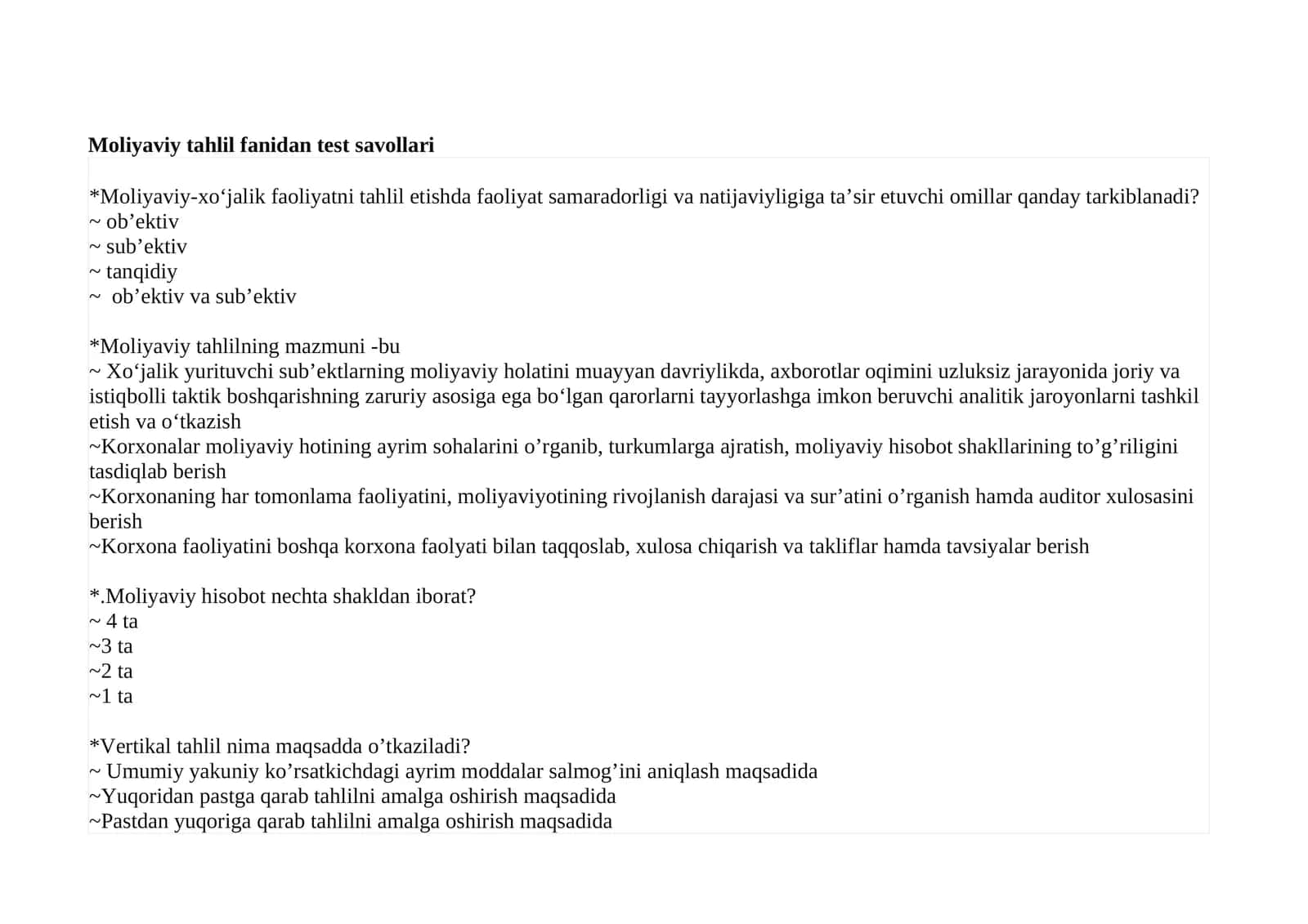 Moliyaviy tahlil fanidan test savollari