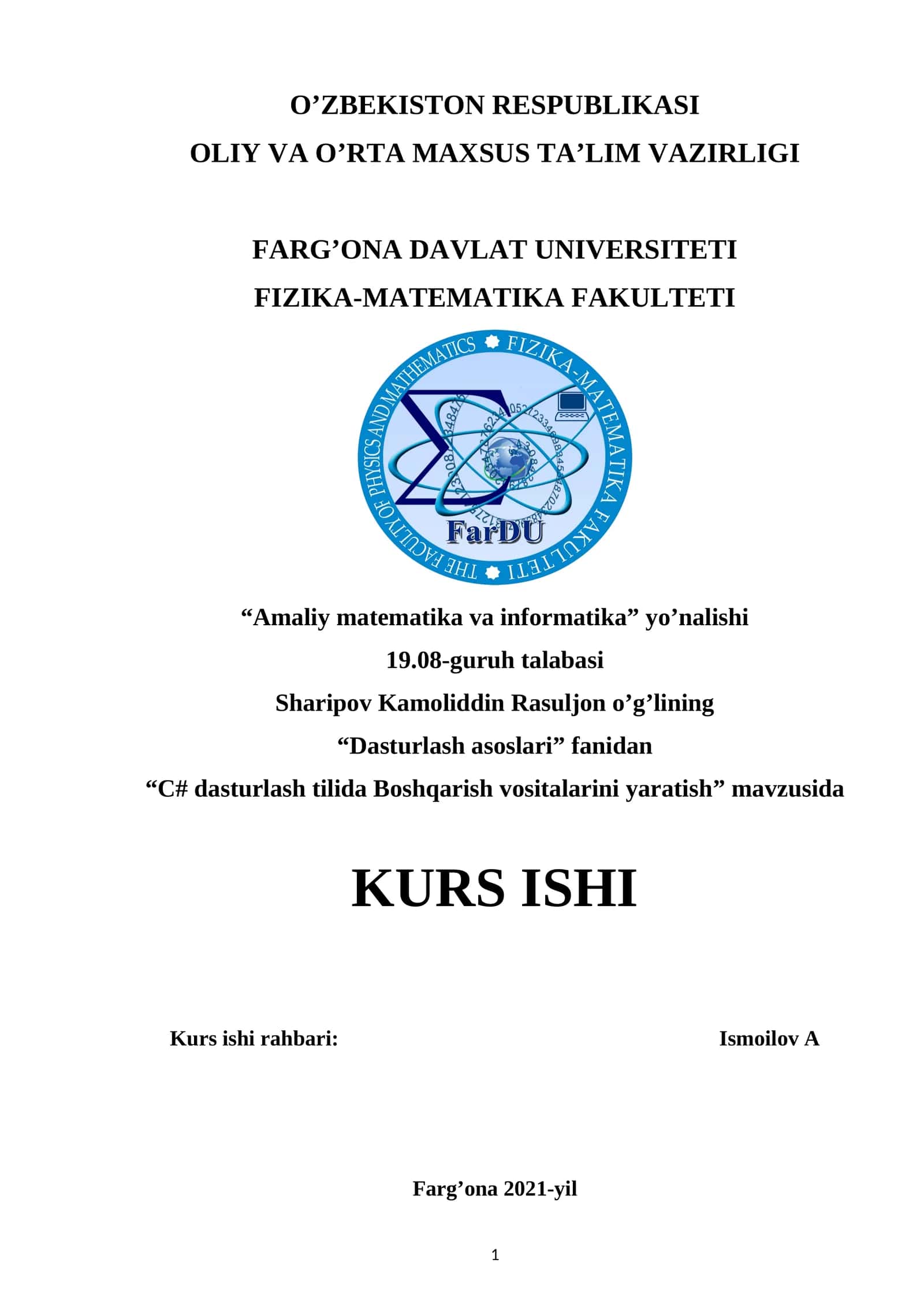 “С# dasturlash tilida Boshqarish vositalarini yaratish”