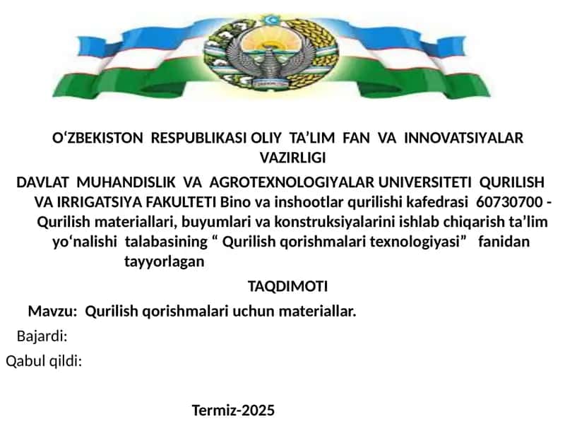 Qurilish qorishmalari uchun materiallar.