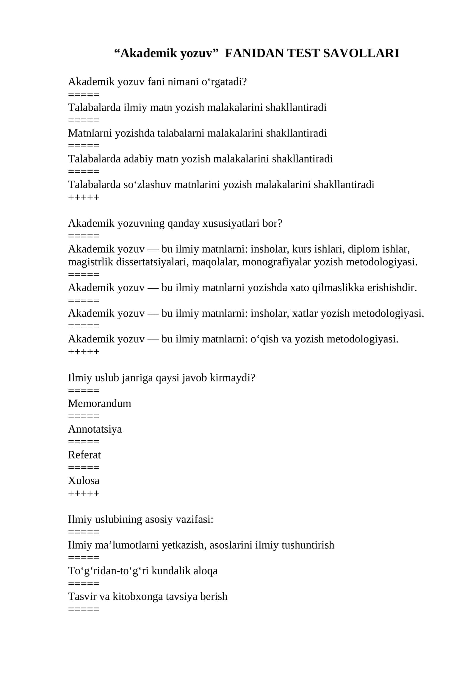 Akademik yozuv FANIDAN TEST SAVOLLARI