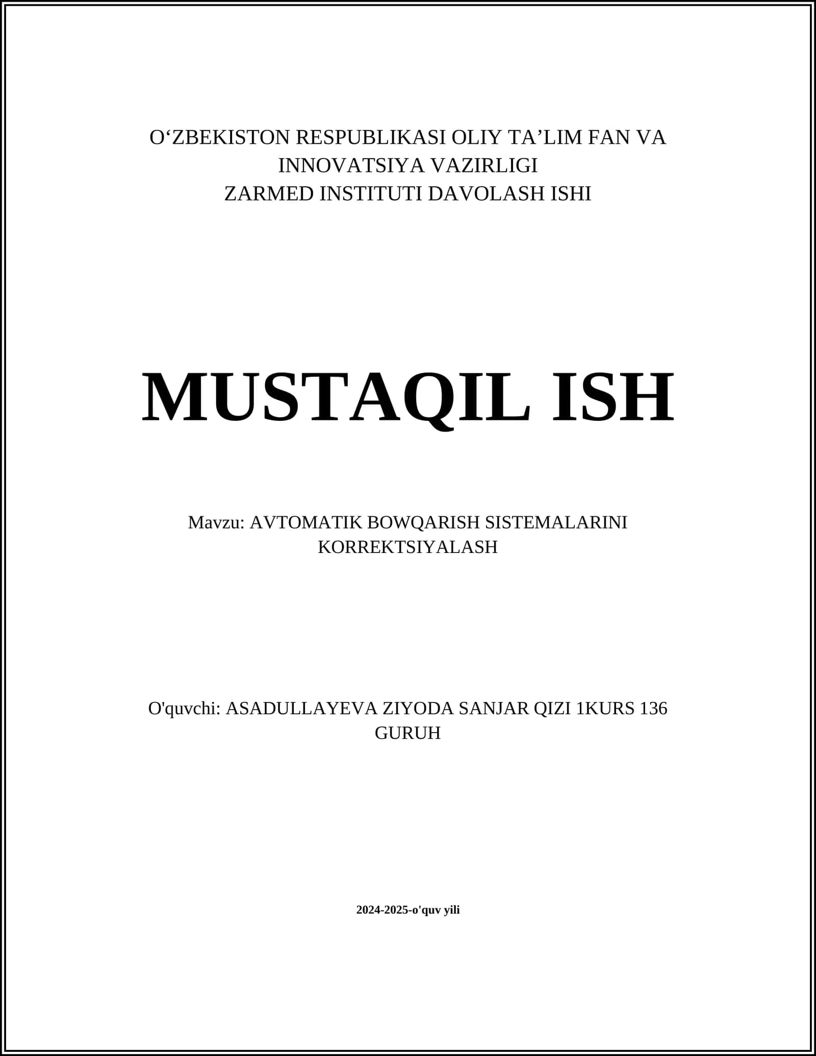 AVTOMATIK BOWQARISH SISTEMALARINI KORREKTSIYALASH