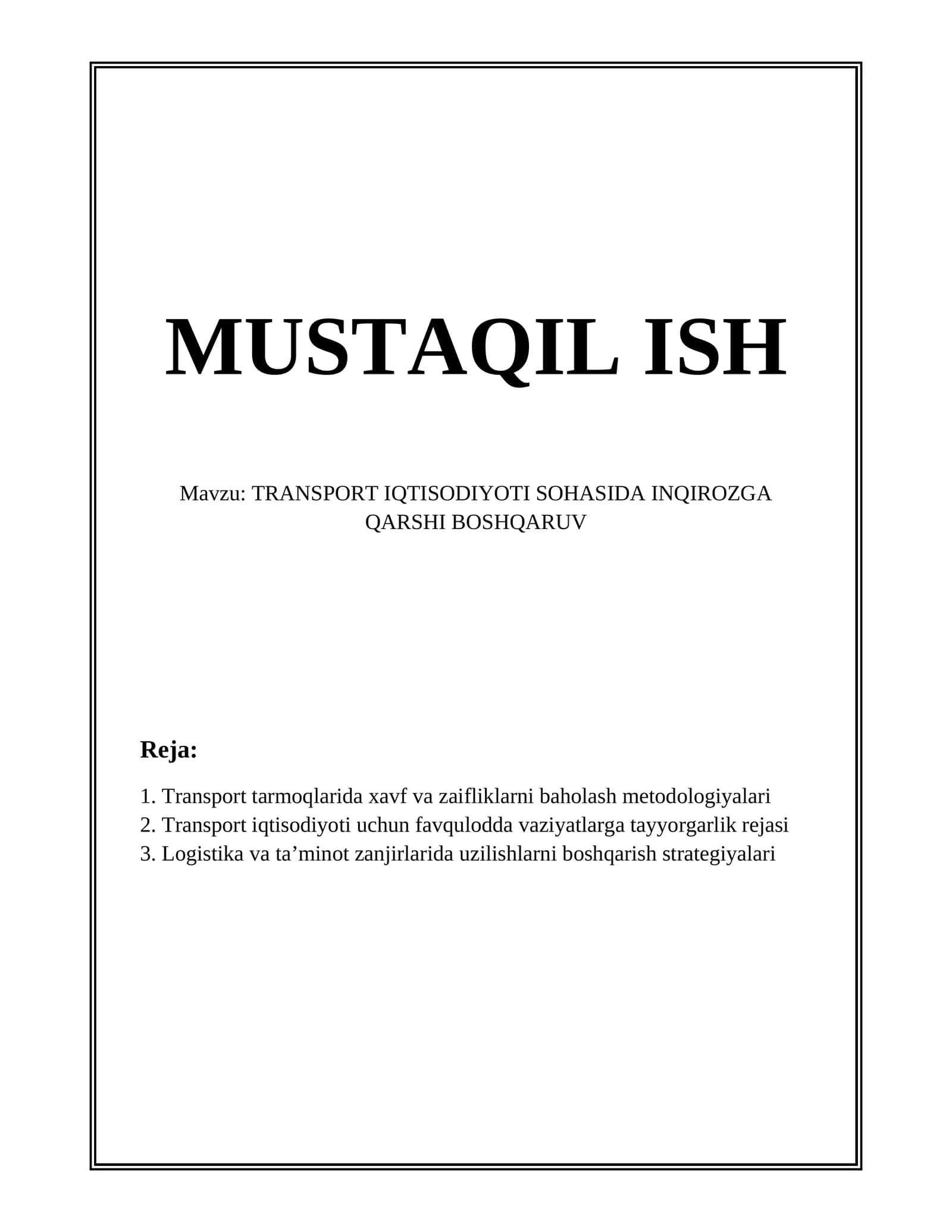 TRANSPORT IQTISODIYOTI SOHASIDA INQIROZGA QARSHI BOSHQARUV