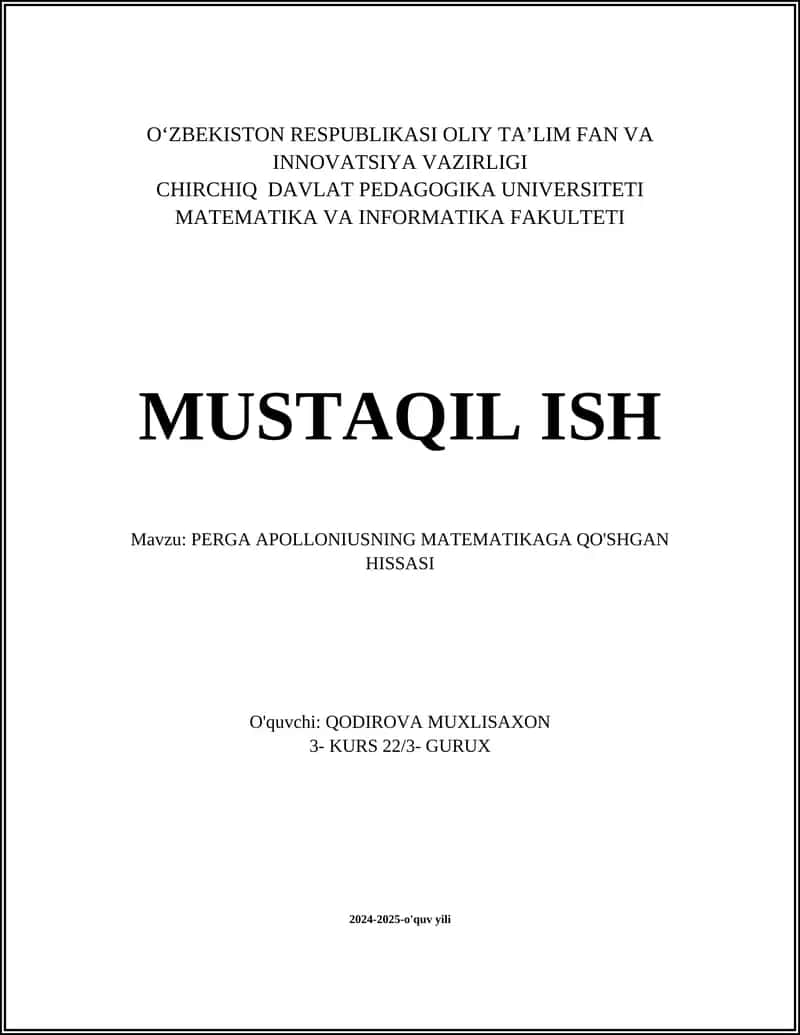 PERGA APOLLONIUSNING MATEMATIKAGA QO'SHGAN HISSASI