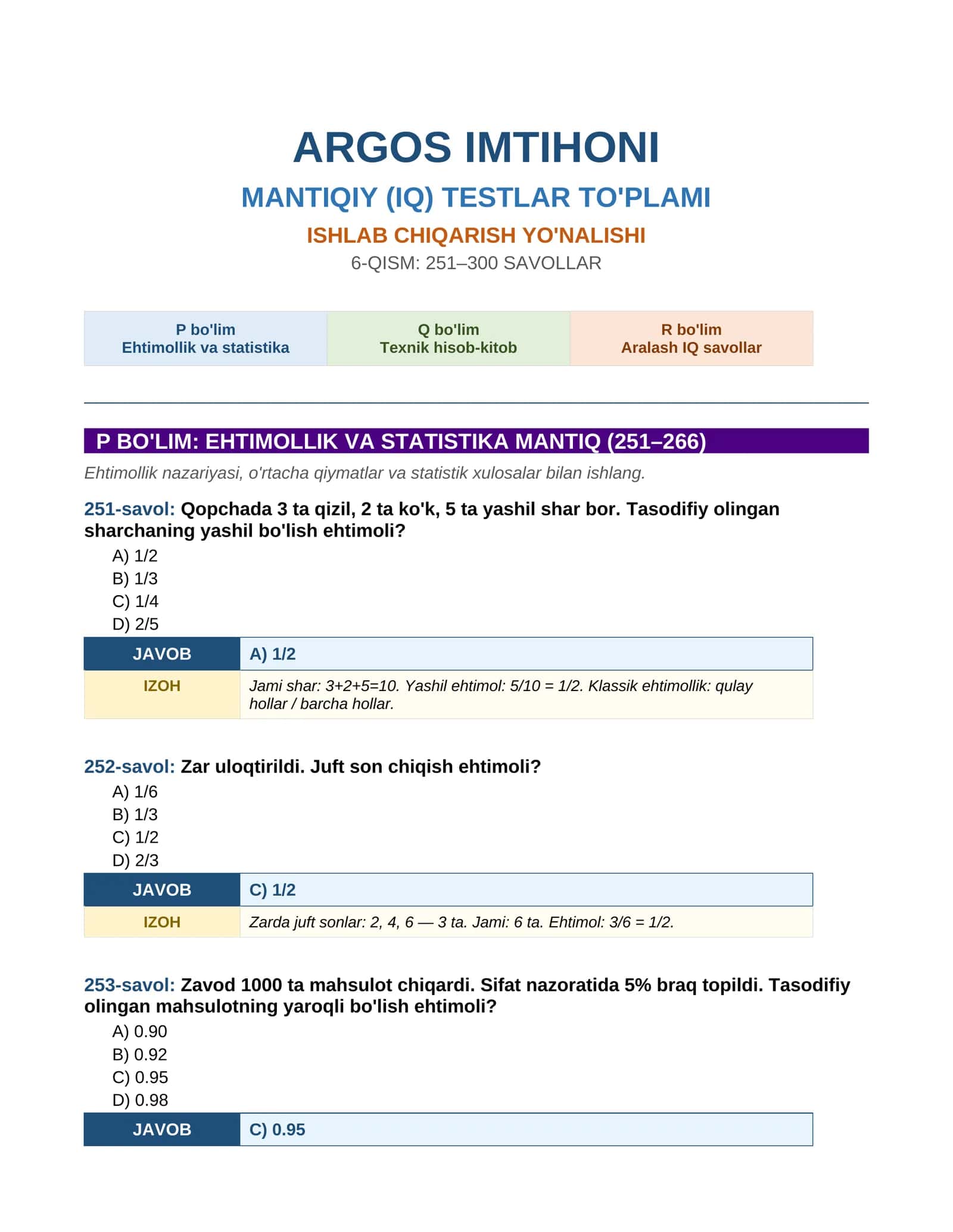 ARGOS IMTIHONI MANTIQIY (IQ) TESTLAR TO'PLAMI