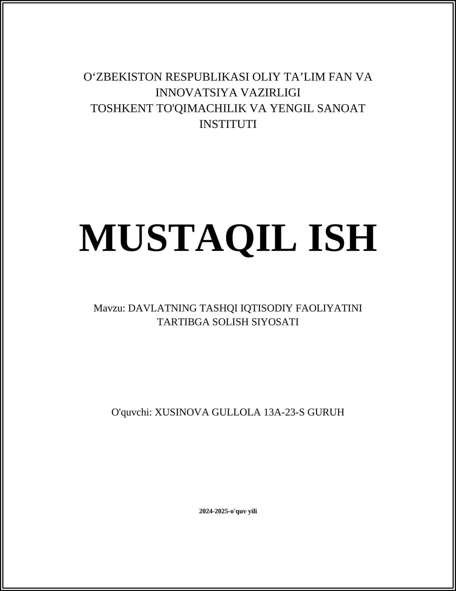 DAVLATNING TASHQI IQTISODIY FAOLIYATINI TARTIBGA SOLISH SIYOSATI