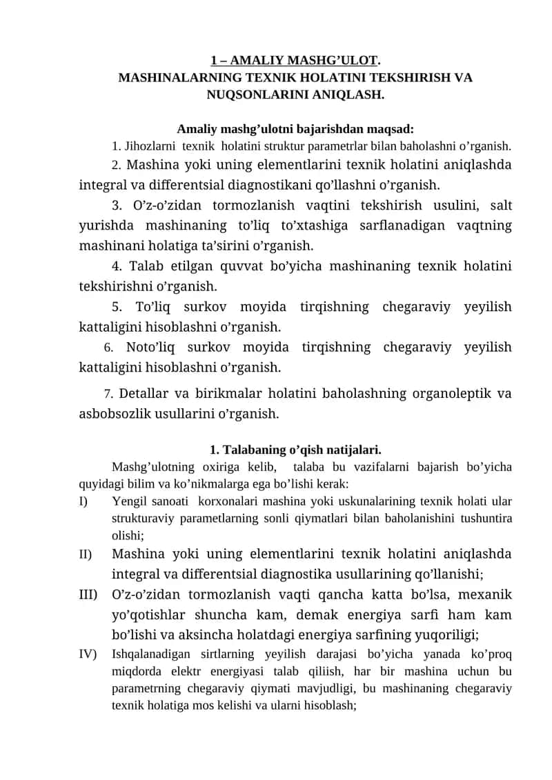MASHINALARNING TEXNIK HOLATINI TEKSHIRISH VA NUQSONLARINI ANIQLASH