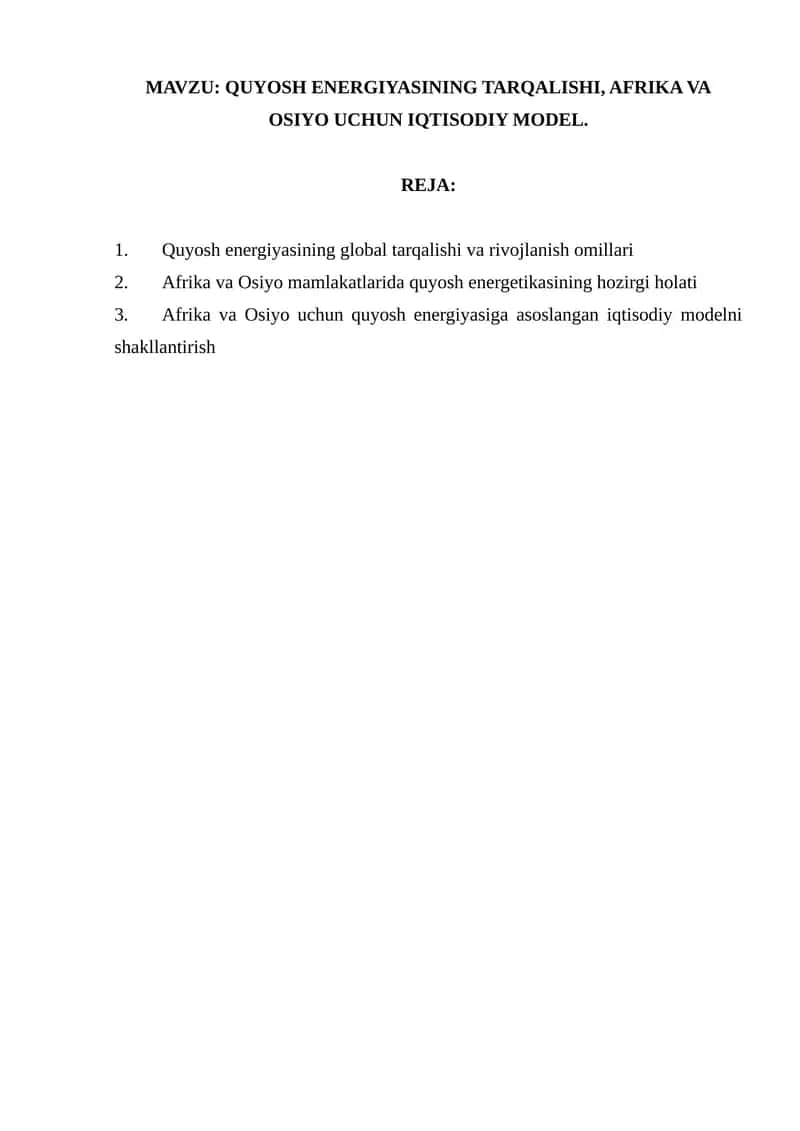 Quyosh energiyasining tarqalishi, Afrika va Osiyo uchun iqtisodiy model