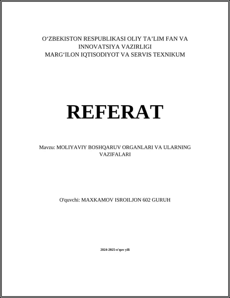 Moliyaviy boshqaruv organlari va ularning vazifalari