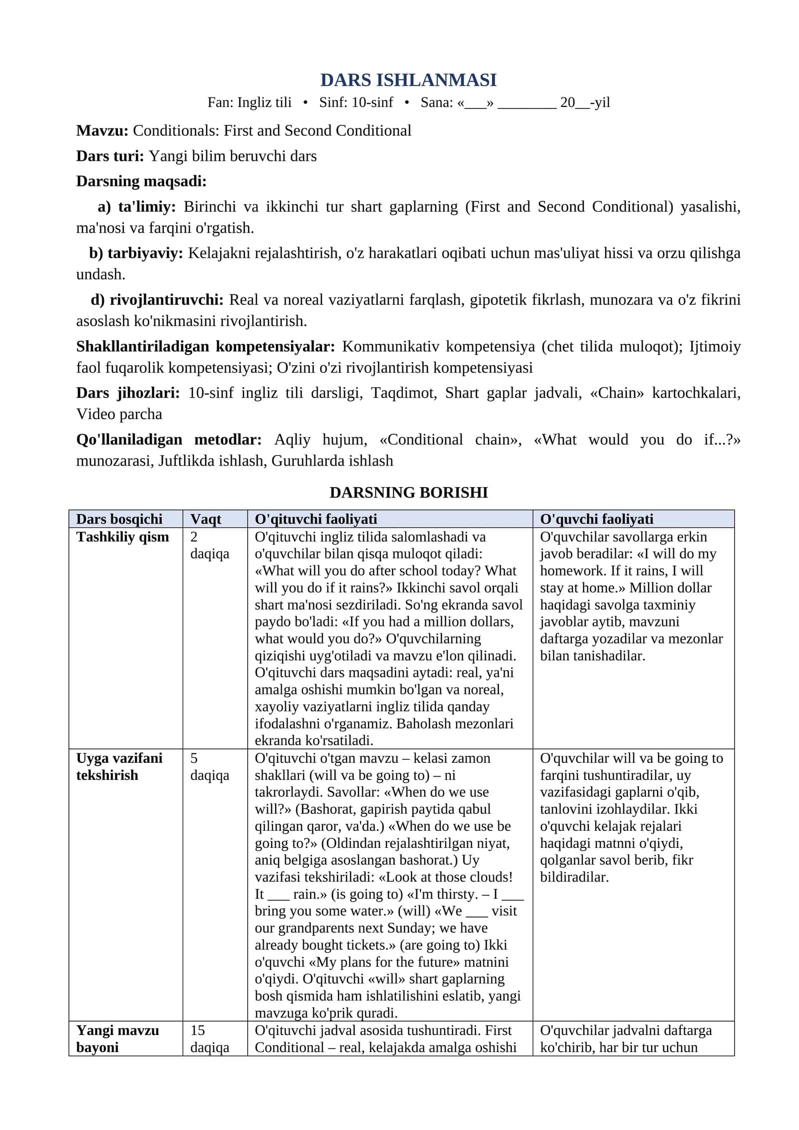 10 sinf Ingliz tili dars ishlanma Conditionals First and Second Conditional