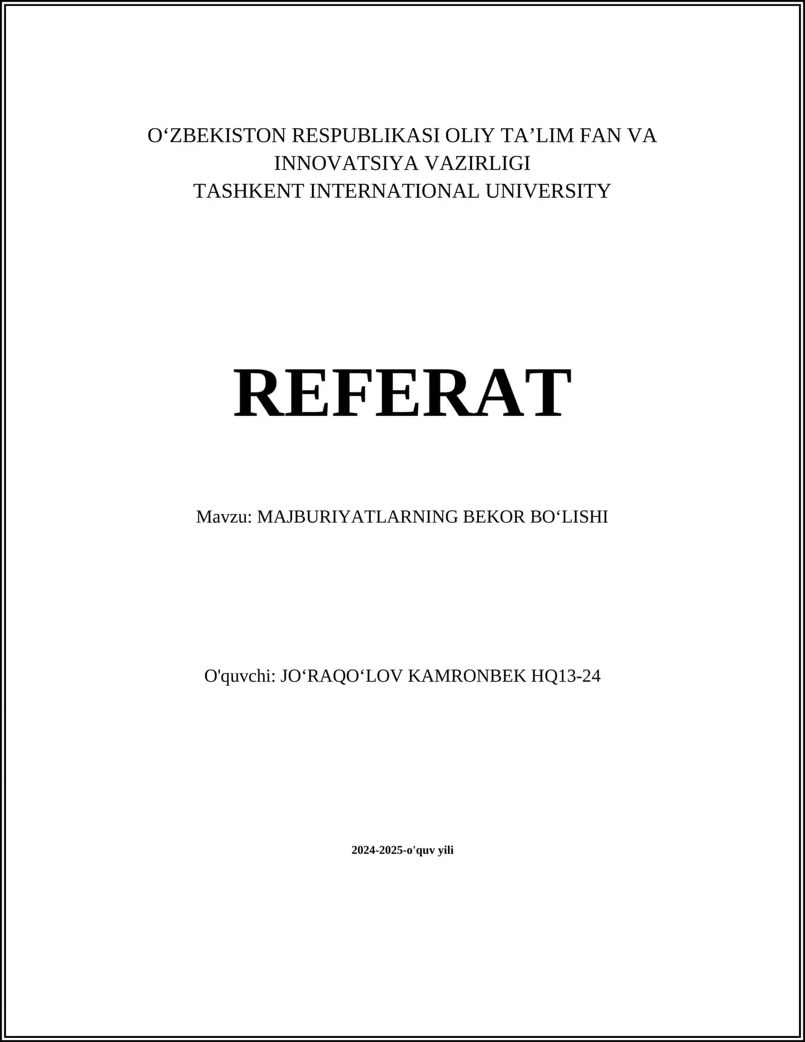 MAJBURIYATLARNING BEKOR BOʻLISHI