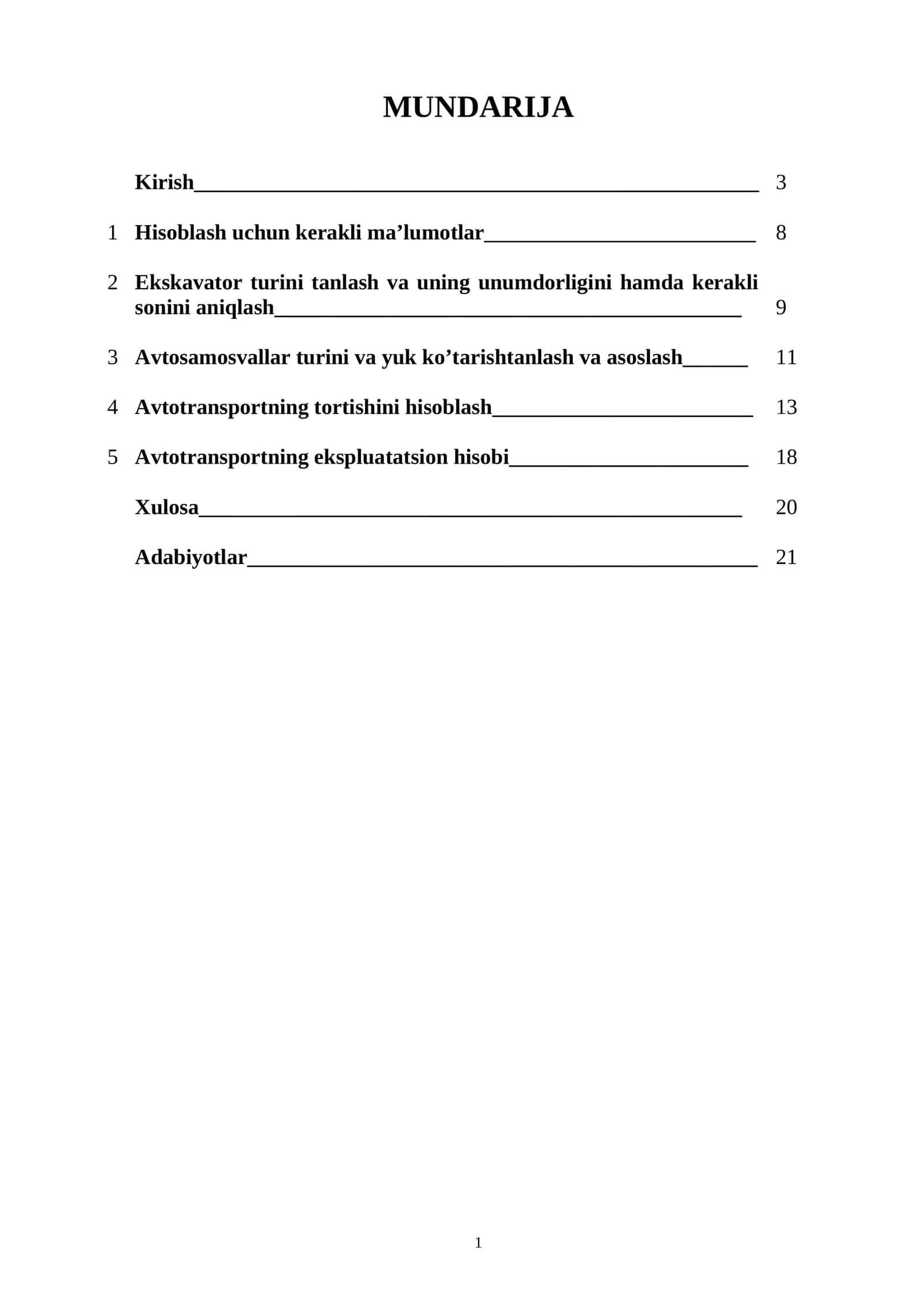 Hisoblash uchun kerakli ma’lumotlar