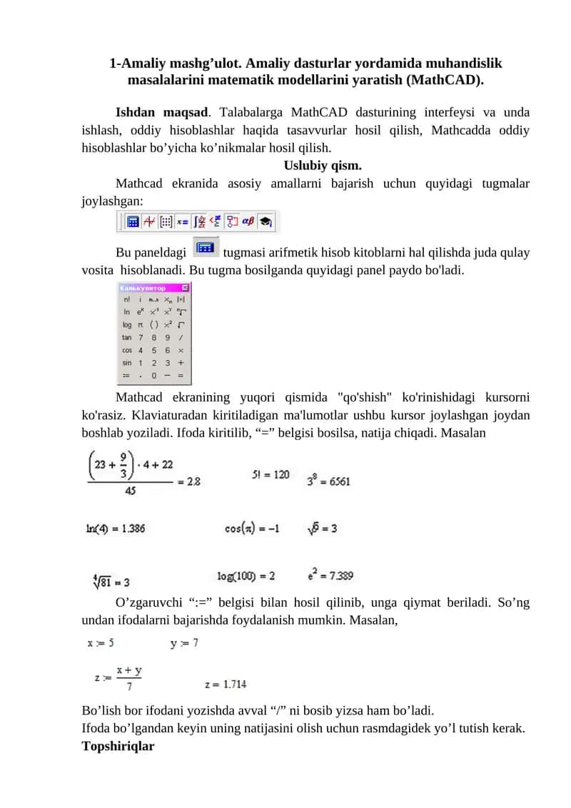 1-Amaliy mashg’ulot. Amaliy dasturlar yordamida muhandislik masalalarini matematik modellarini yaratish (MathCAD)