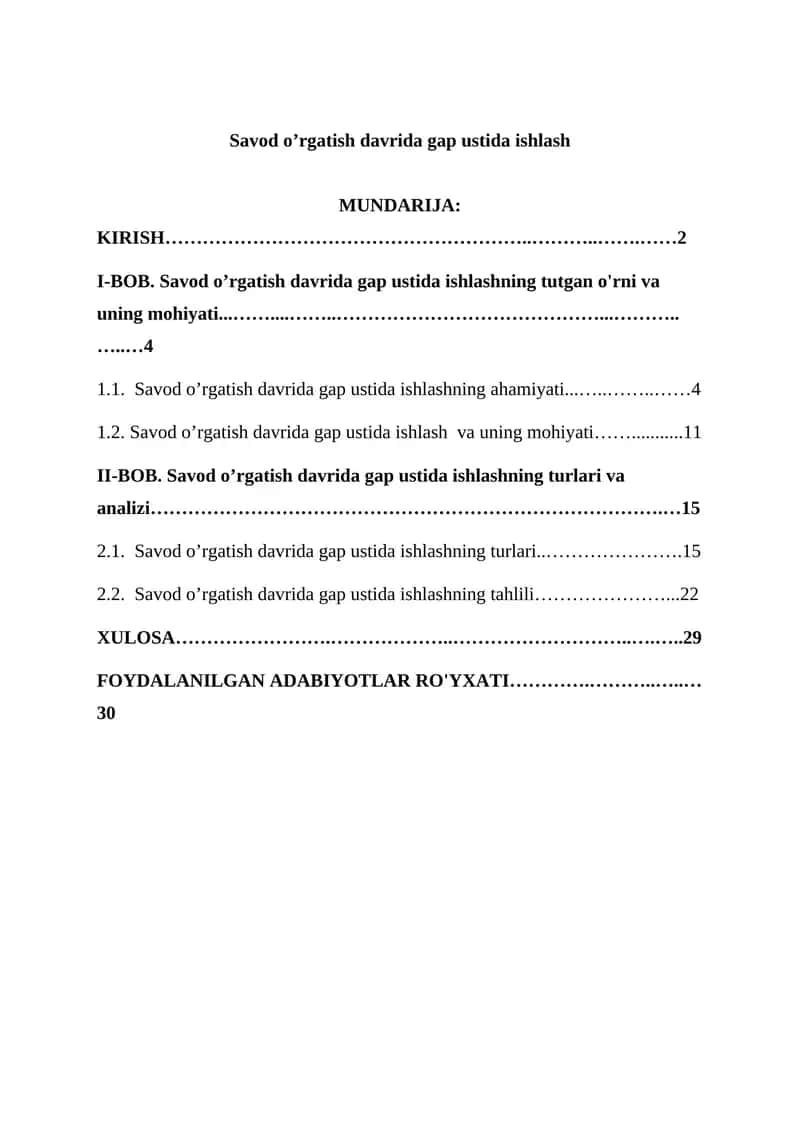 Savod o’rgatish davrida gap ustida ishlash