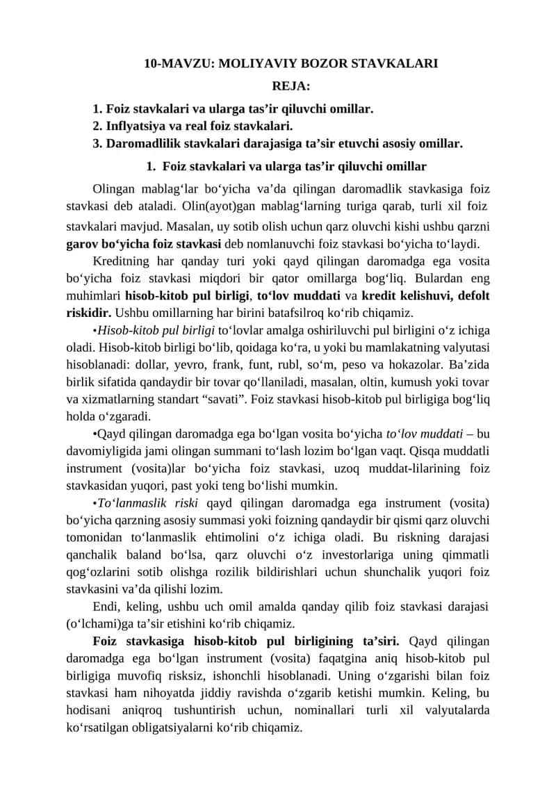 Foiz Stavkalari va Ularga Tas’ir Qiluvchi Omillar