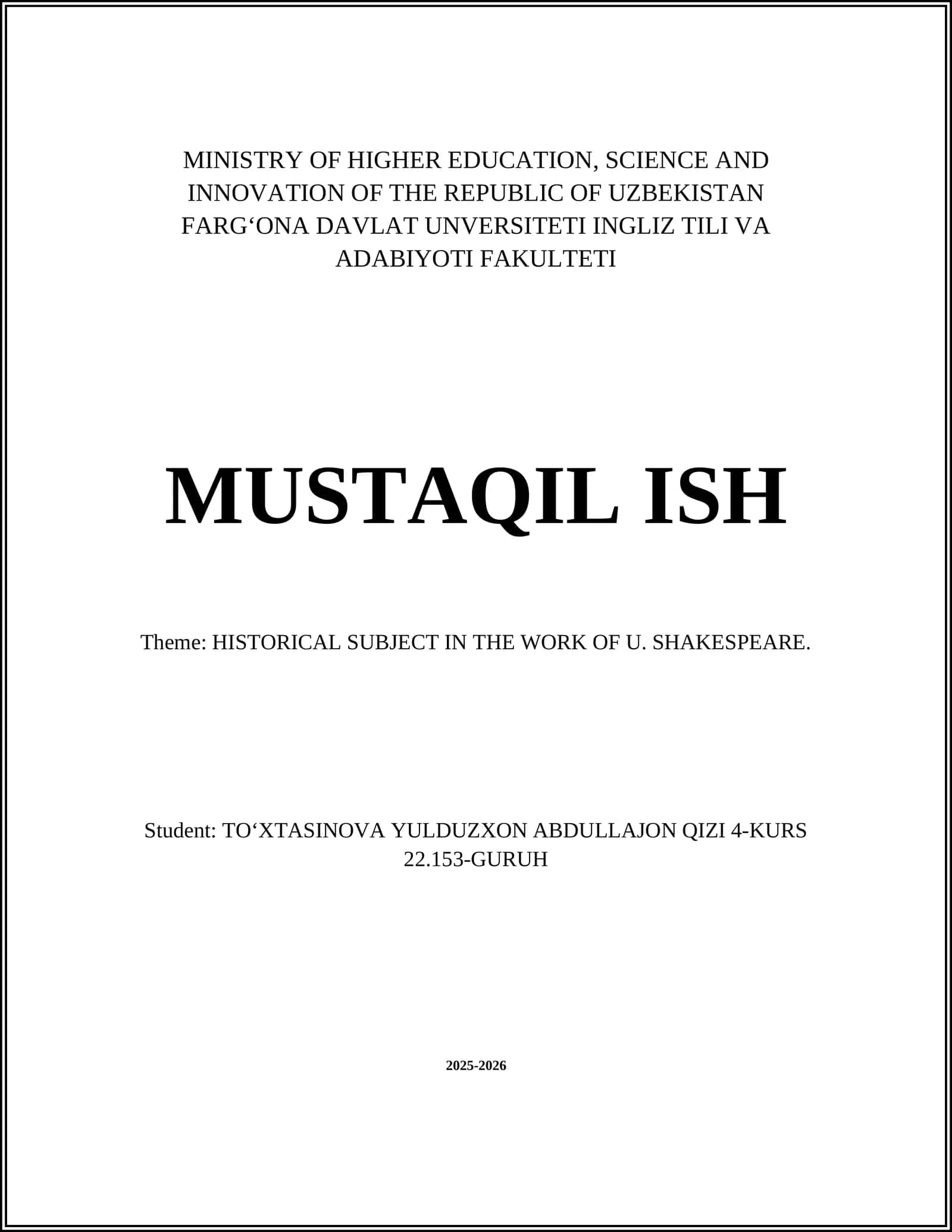 HISTORICAL SUBJECT IN THE WORK OF U. SHAKESPEARE