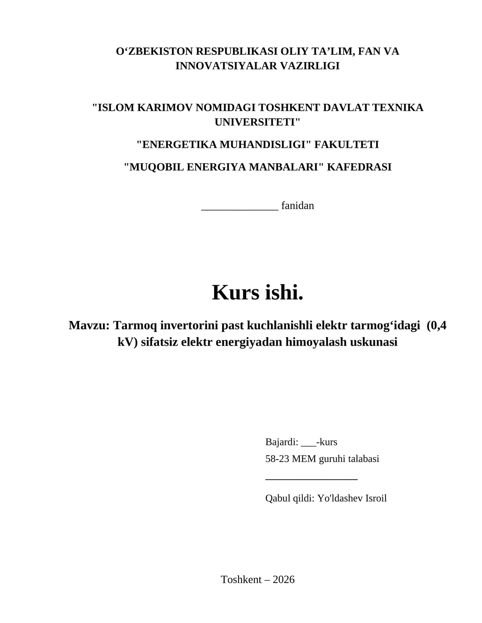 Tarmoq invertorini past kuchlanishli elektr tarmog‘idagi  (0,4 kV) sifatsiz elektr energiyadan himoyalash uskunasi