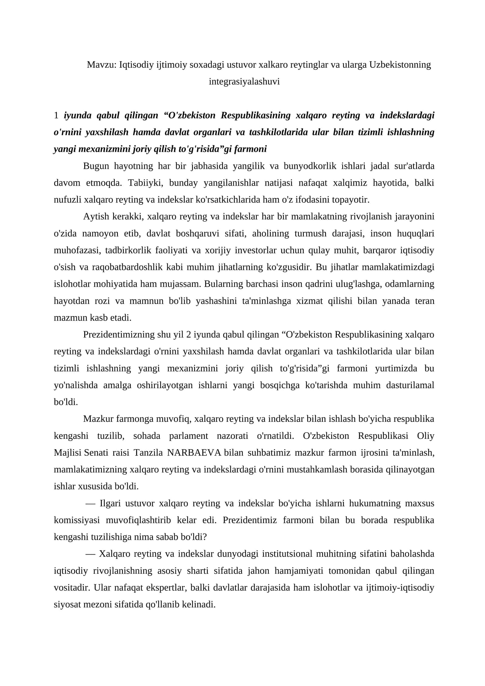 Xalqaro reytinglar va indekslar