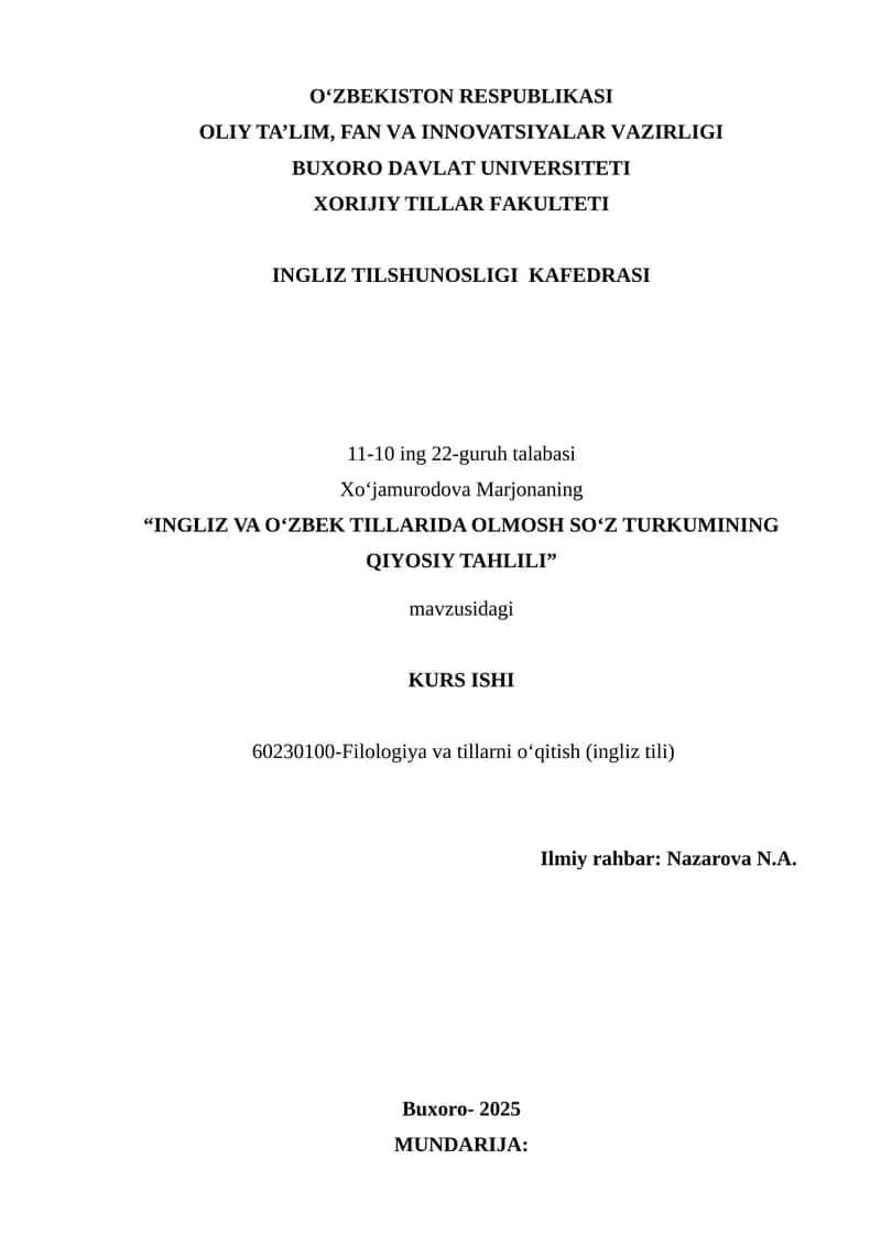 "INGLIZ VA O‘ZBEK TILLARIDA OLMOSH SO‘Z TURKUMINING QIYOSIY TAHLILI"