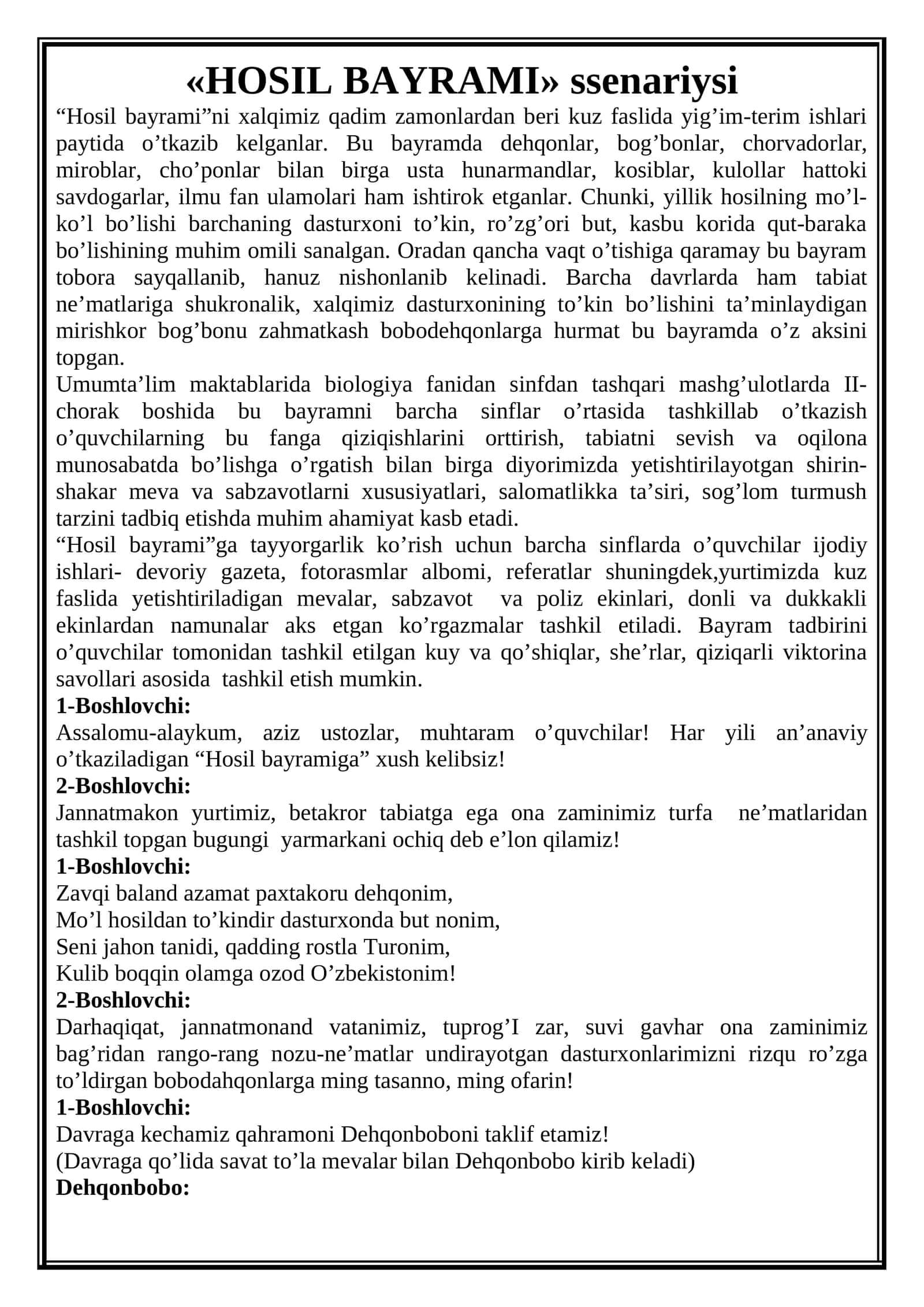 HOSIL BAYRAMI ssenariysi