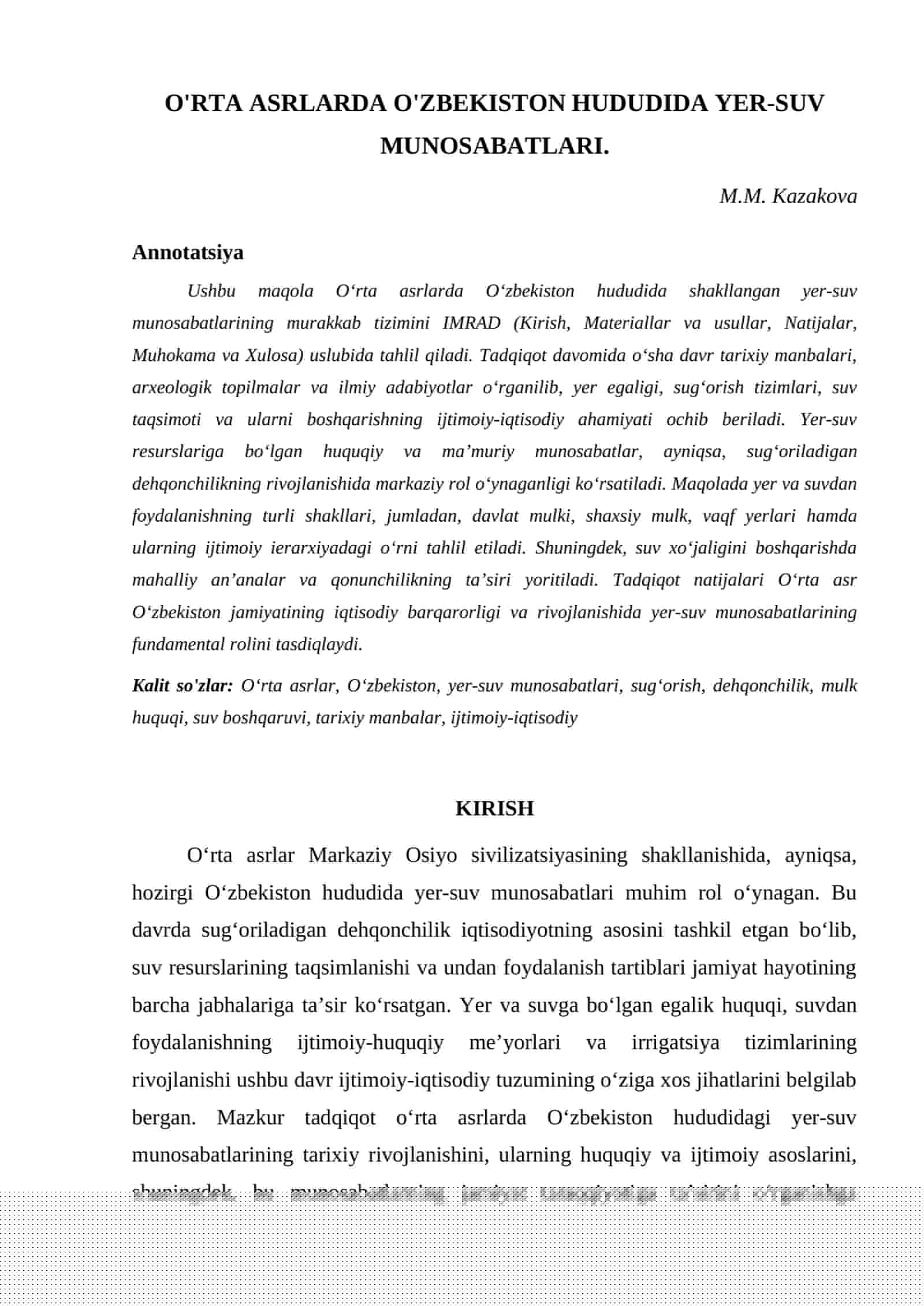 O'RTA ASRLARDA O'ZBEKISTON HUDUDIDA YER-SUV MUNOSABATLARI