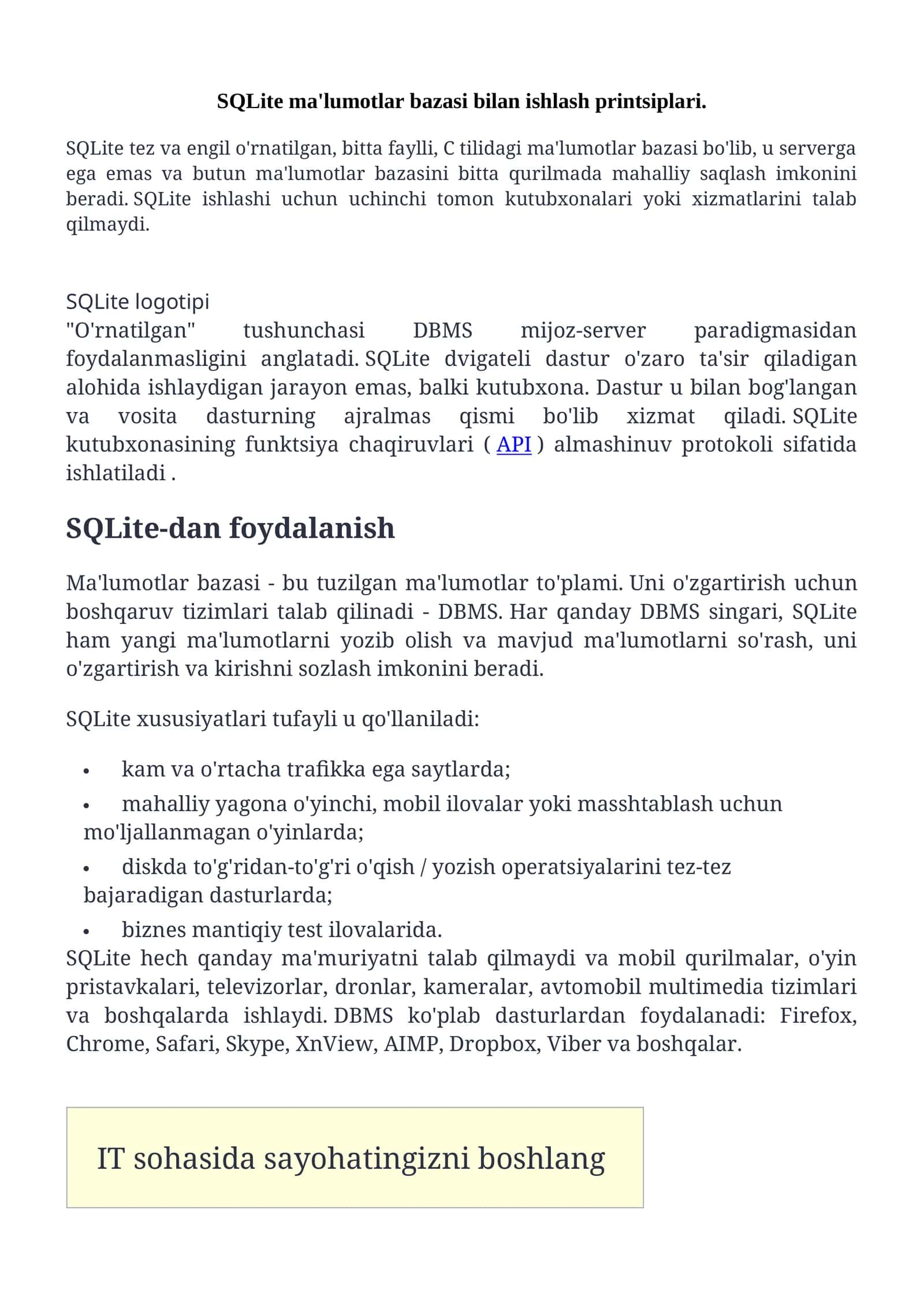 SQLite ma'lumotlar bazasi bilan ishlash printsiplari