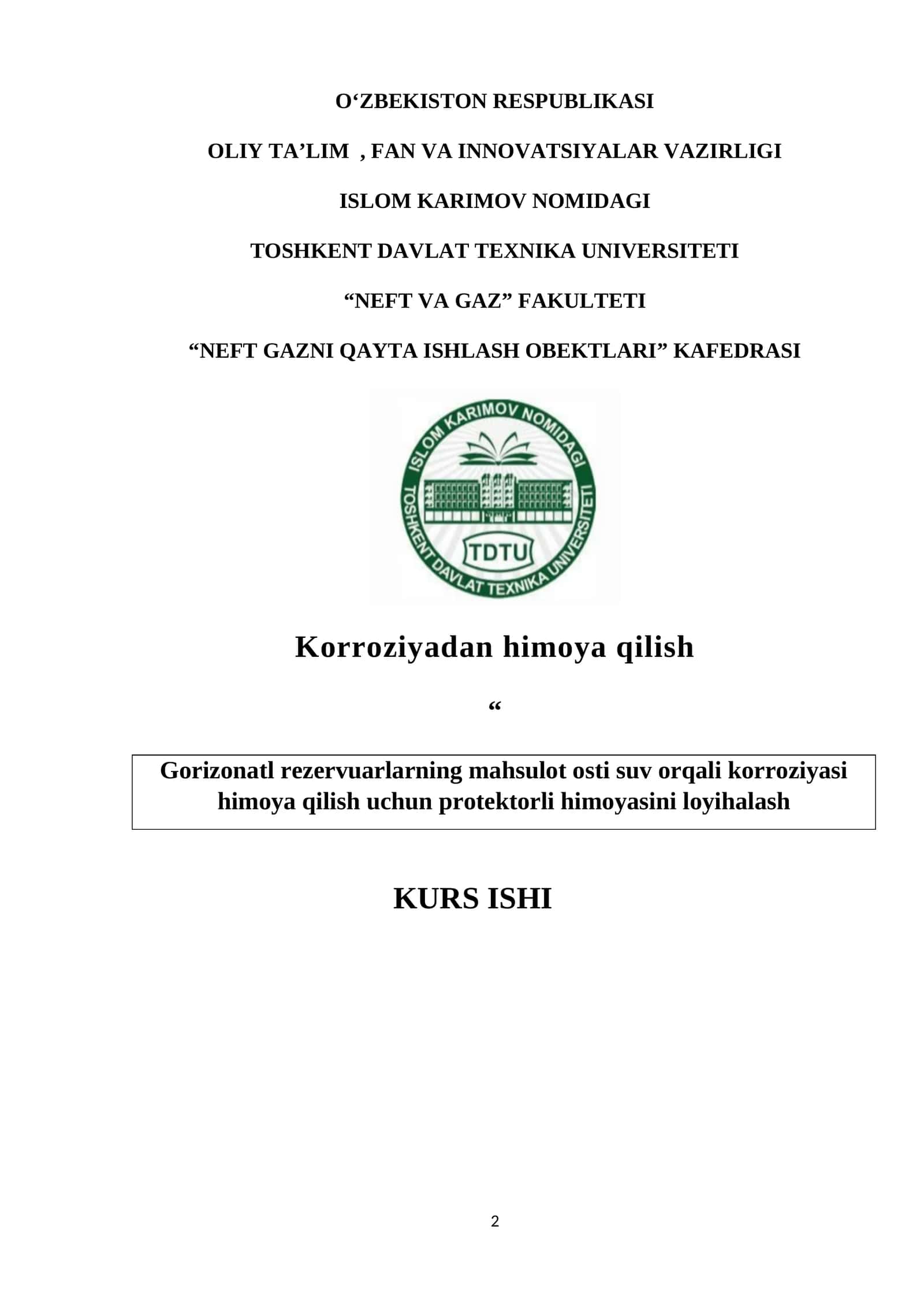 Gorizonatl rezervuarlarning mahsulot osti suv orqali korroziyasi himoya qilish uchun protektorli himoyasini loyihalash