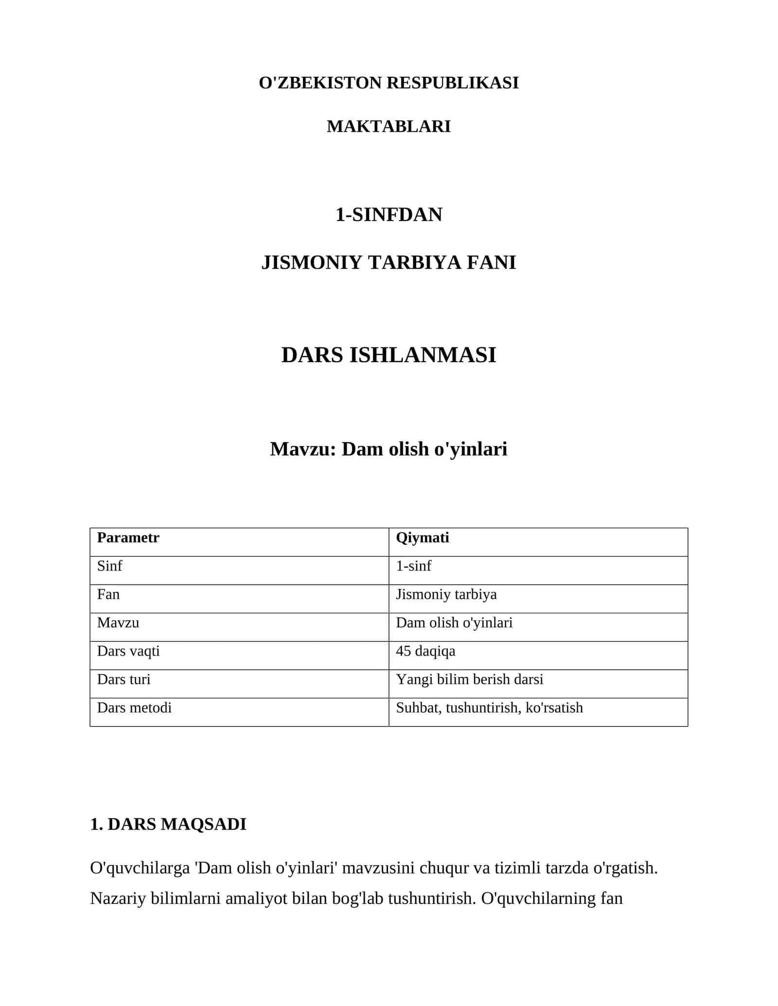 Dam olish o'yinlari Dars Ishlanmasi
