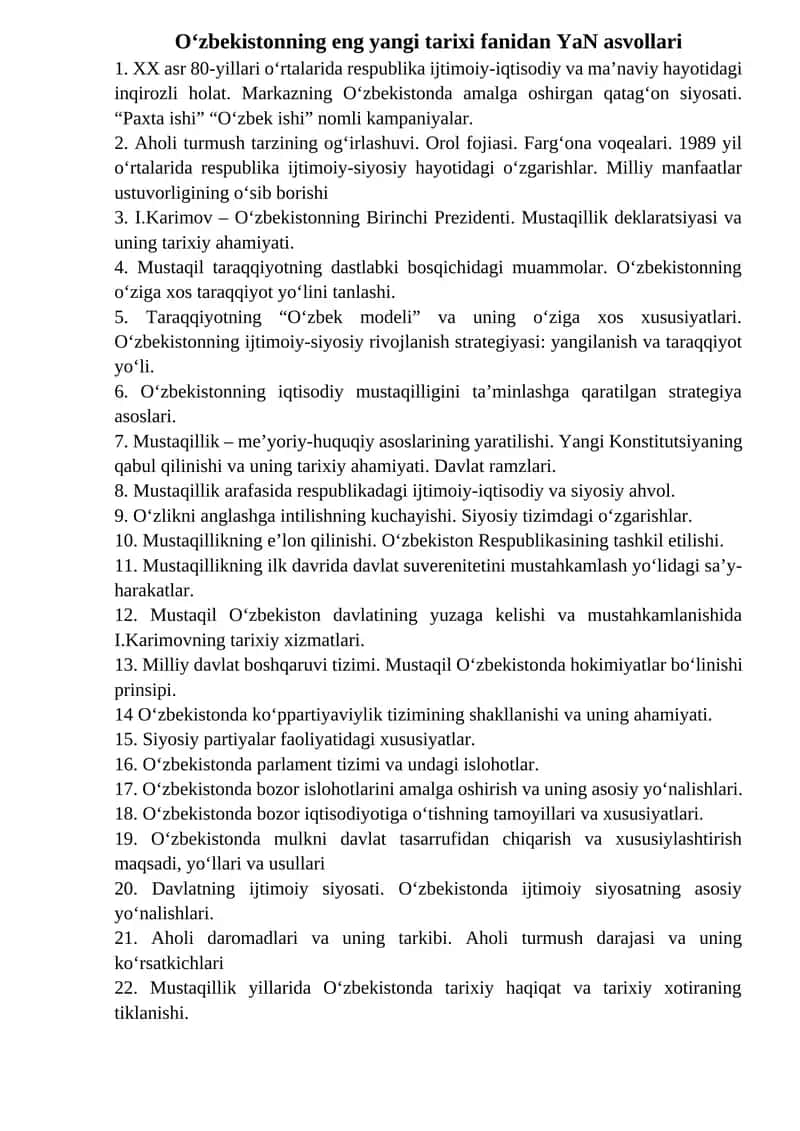 O‘zbekistonning eng yangi tarixi fanidan YaN asvollari