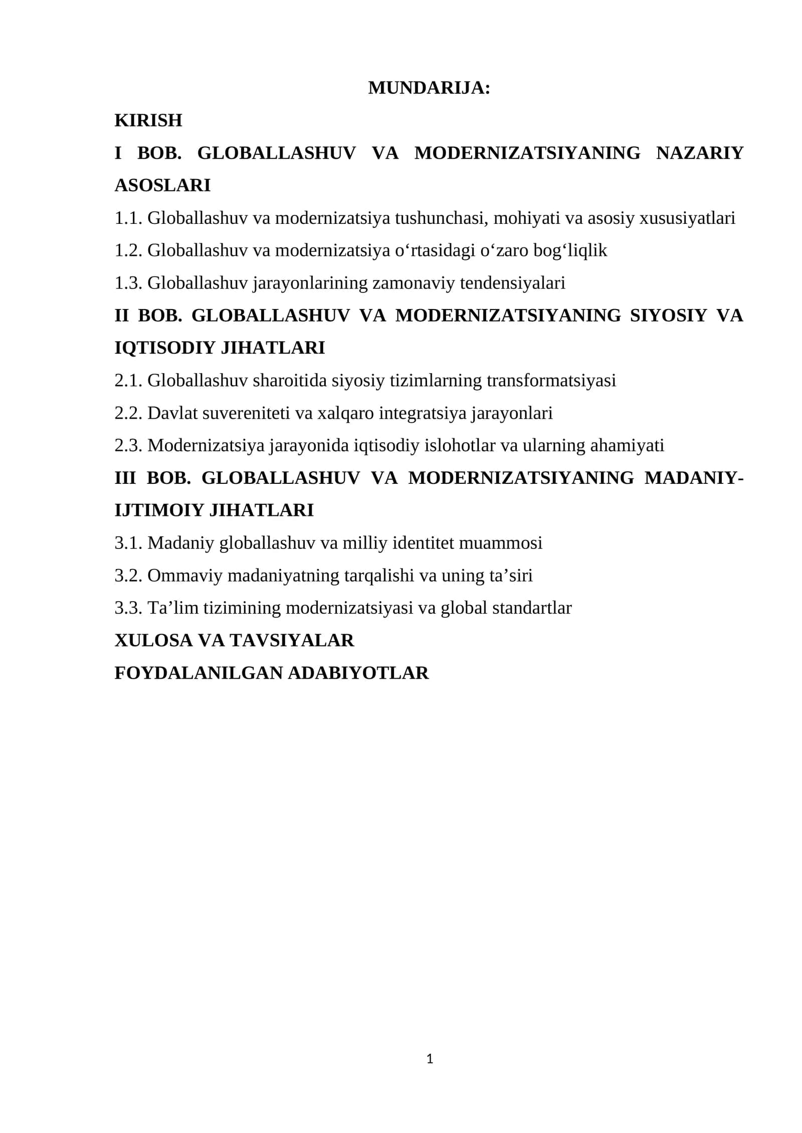 GLOBALLASHUV VA MODERNIZATSIYANING NAZARIY ASOSLARI