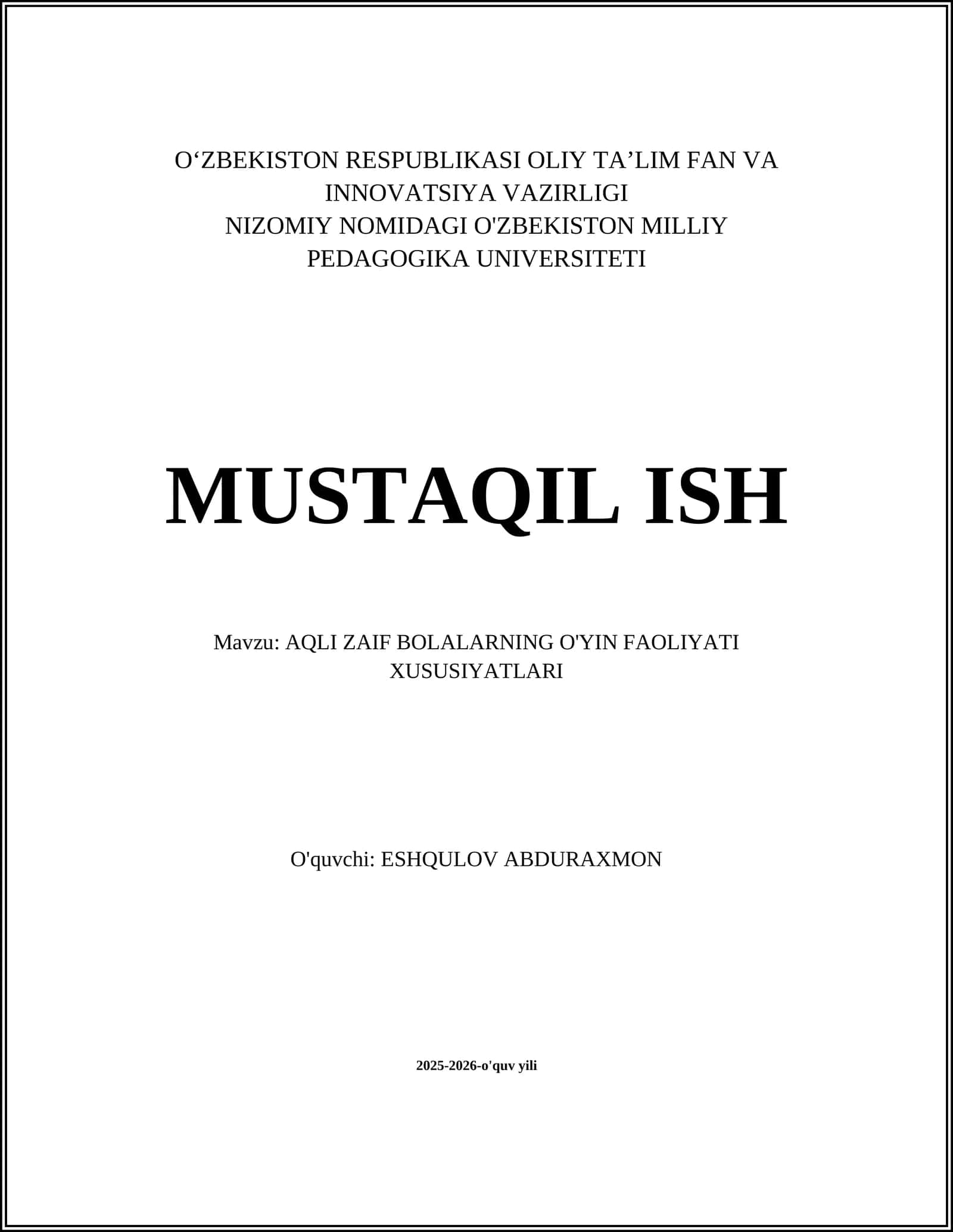 Aqli zaif bolalarning o'yin faoliyati xususiyatlari