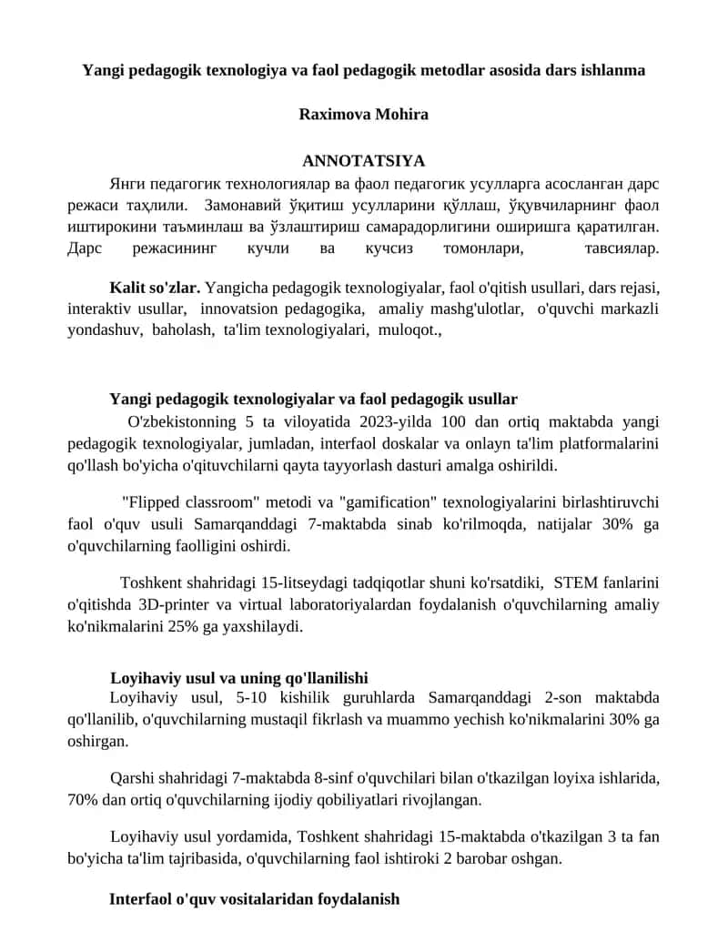 Yangi pedagogik texnologiya va faol pedagogik metodlar asosida dars ishlanma