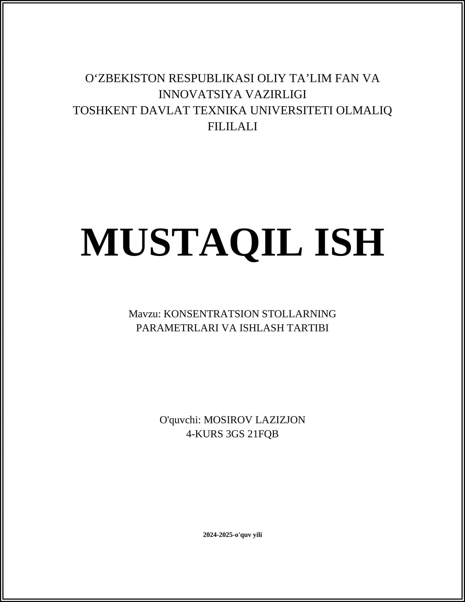 KONSENTRATSION STOLLARNING PARAMETRLARI VA ISHLASH TARTIBI