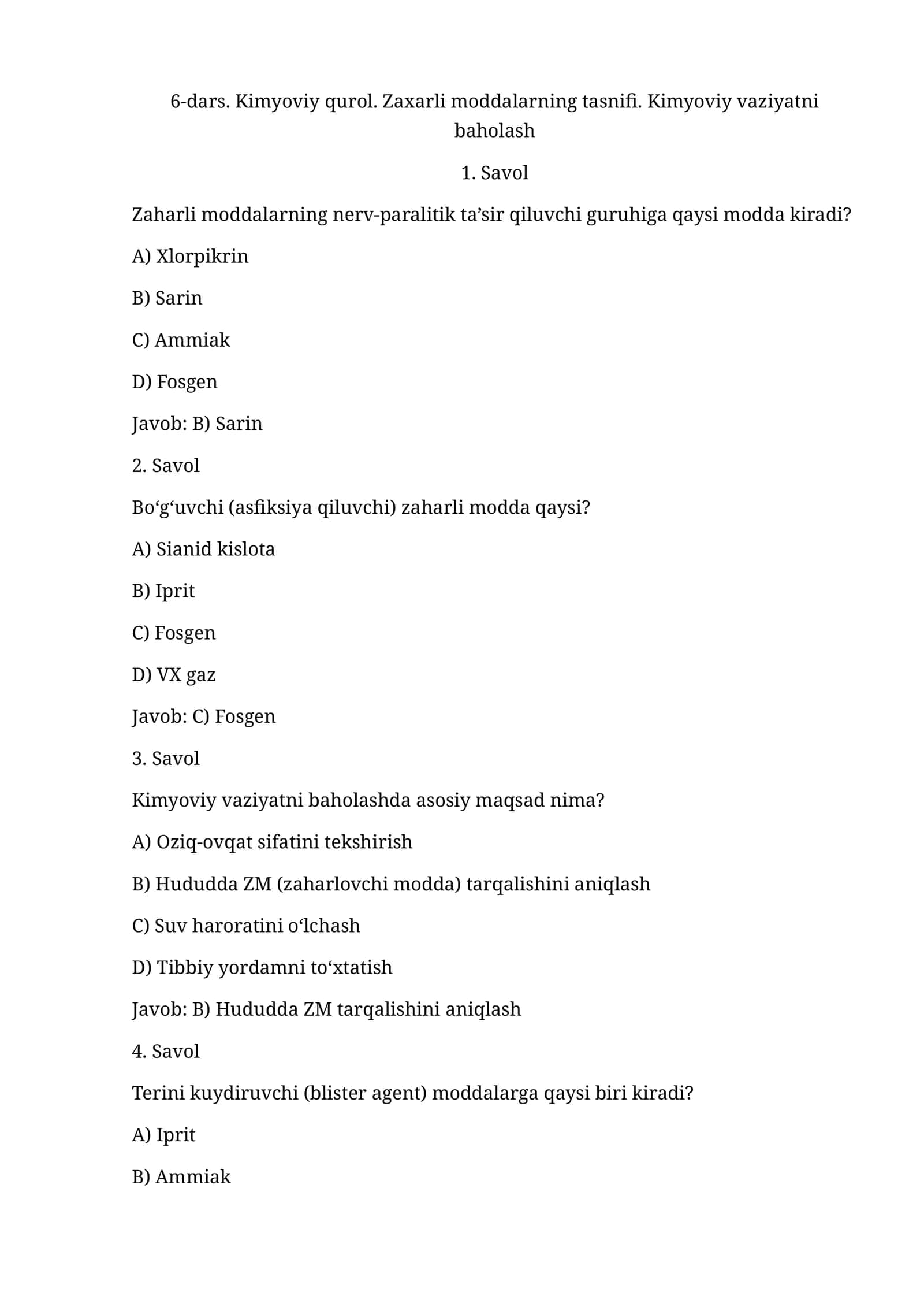 Kimyoviy qurol. Zaxarli moddalarning tasnifi. Kimyoviy vaziyatni baholash