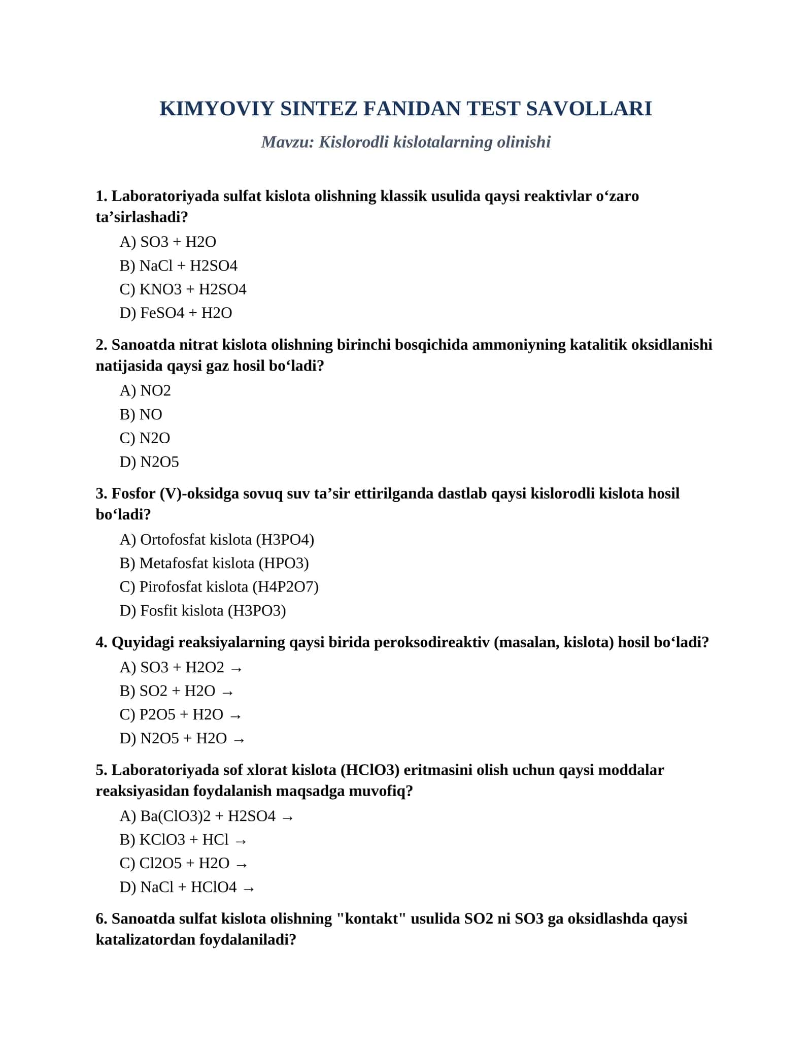 KIMYOVIY SINTEZ FANIDAN TEST SAVOLLARI
