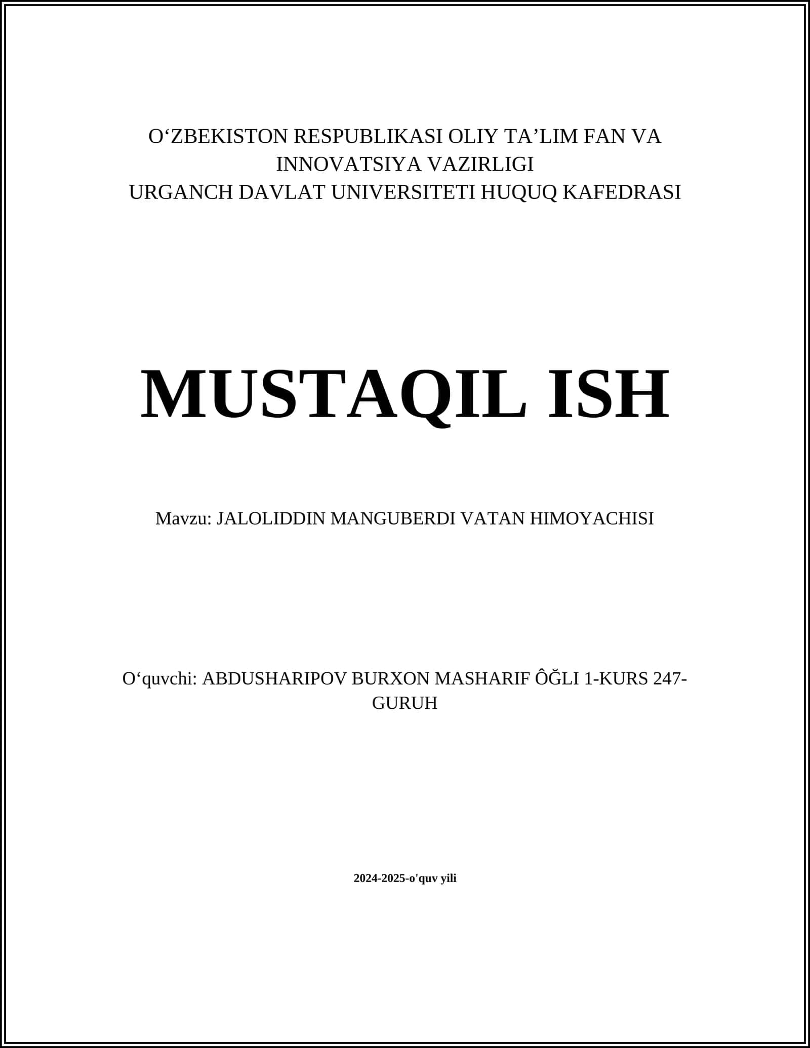 JALOLIDDIN MANGUBERDI VATAN HIMOYACHISI