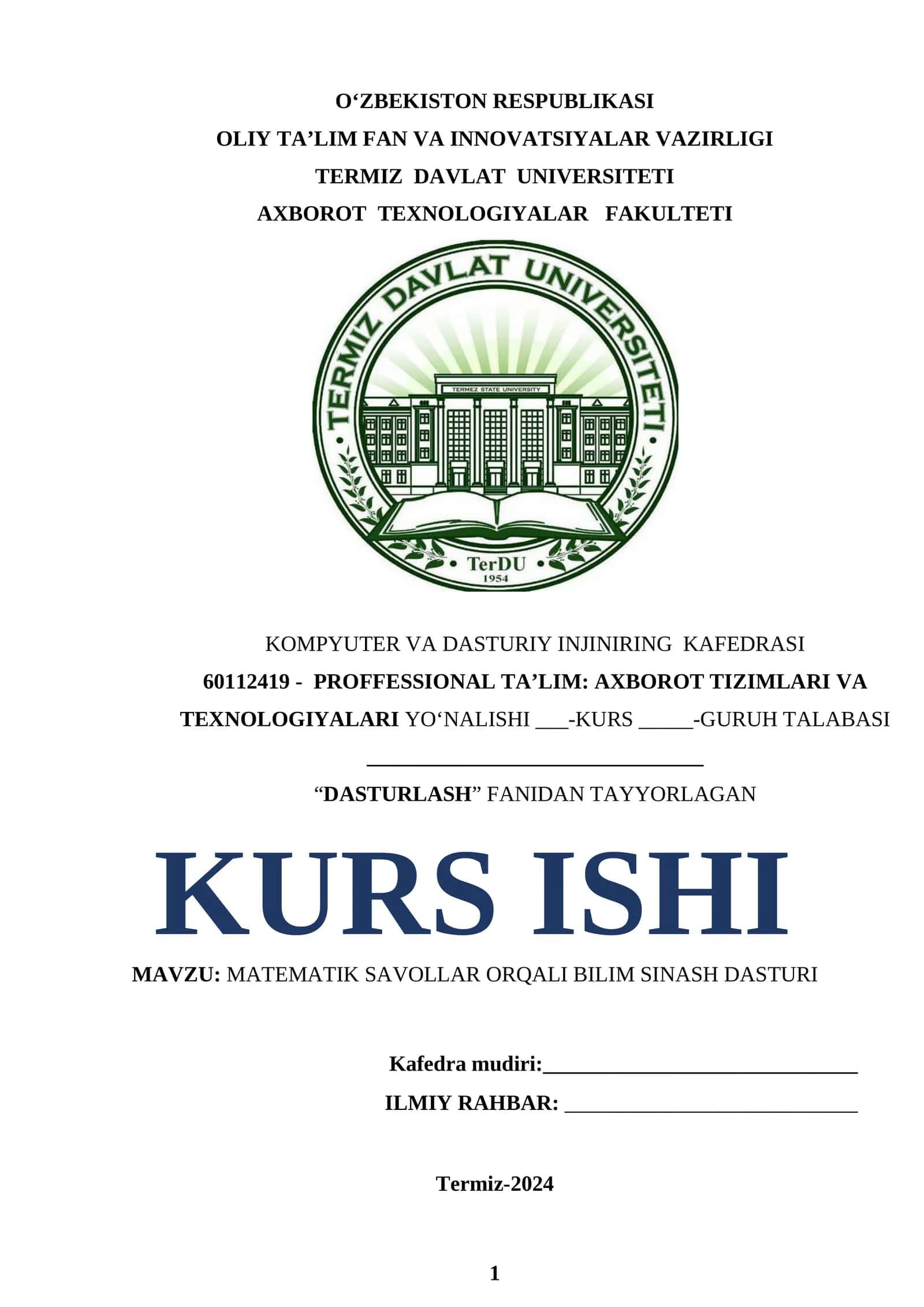 MATEMATIK SAVOLLAR ORQALI BILIM SINASH DASTURI