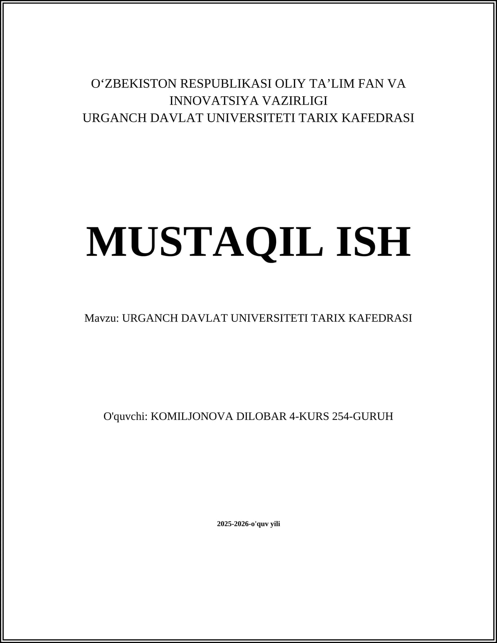Urganch Davlat Universiteti Tarix Kafedrasi