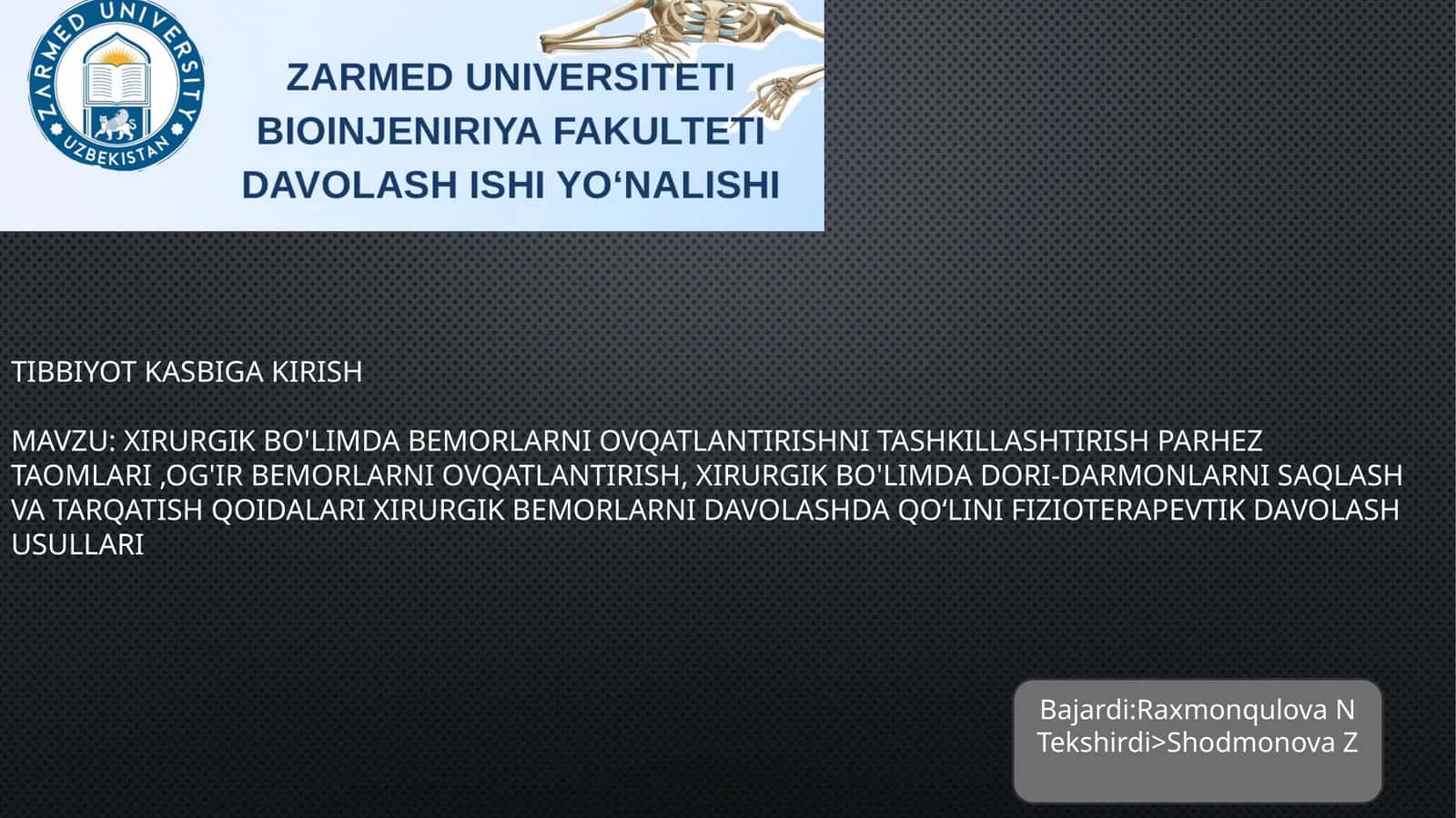 Xirurgik bo'limda bemorlarni ovqatlantirishni tashkillashtirish
