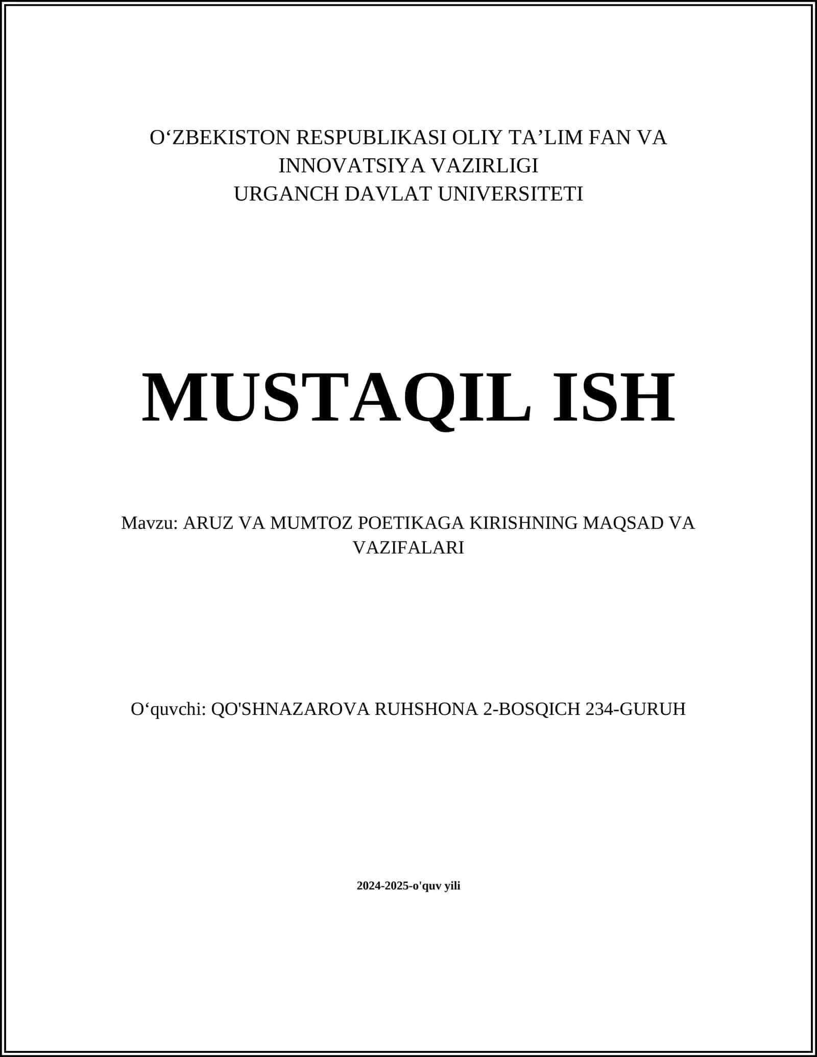 ARUZ VA MUMTOZ POETIKAGA KIRISHNING MAQSAD VA VAZIFALARI