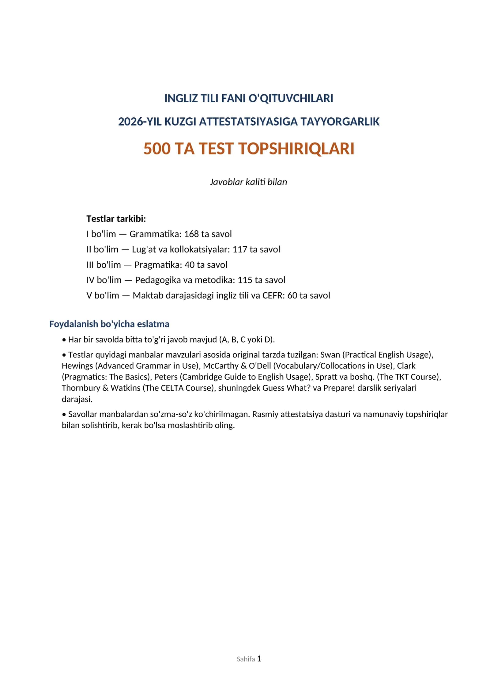 INGLIZ TILI FANI O'QITUVCHILARI 2026-YIL KUZGI ATTESTATSIYASIGA TAYYORGARLIK 500 TA TEST TOPSHIRIQLARI