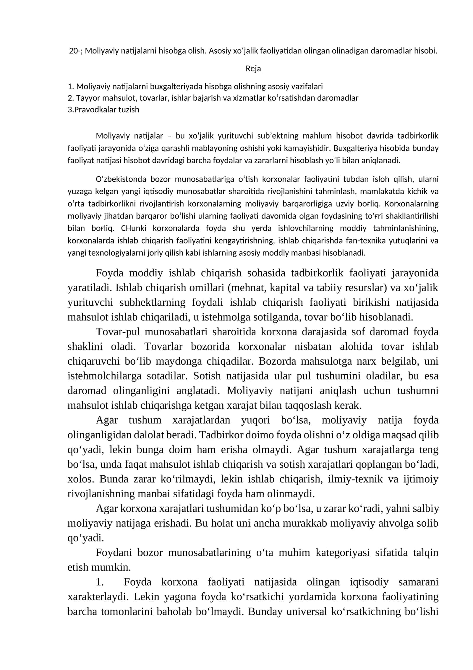 Moliyaviy natijalarni hisobga olish. Asosiy xo‘jalik faoliyatidan olingan olinadigan daromadlar hisobi