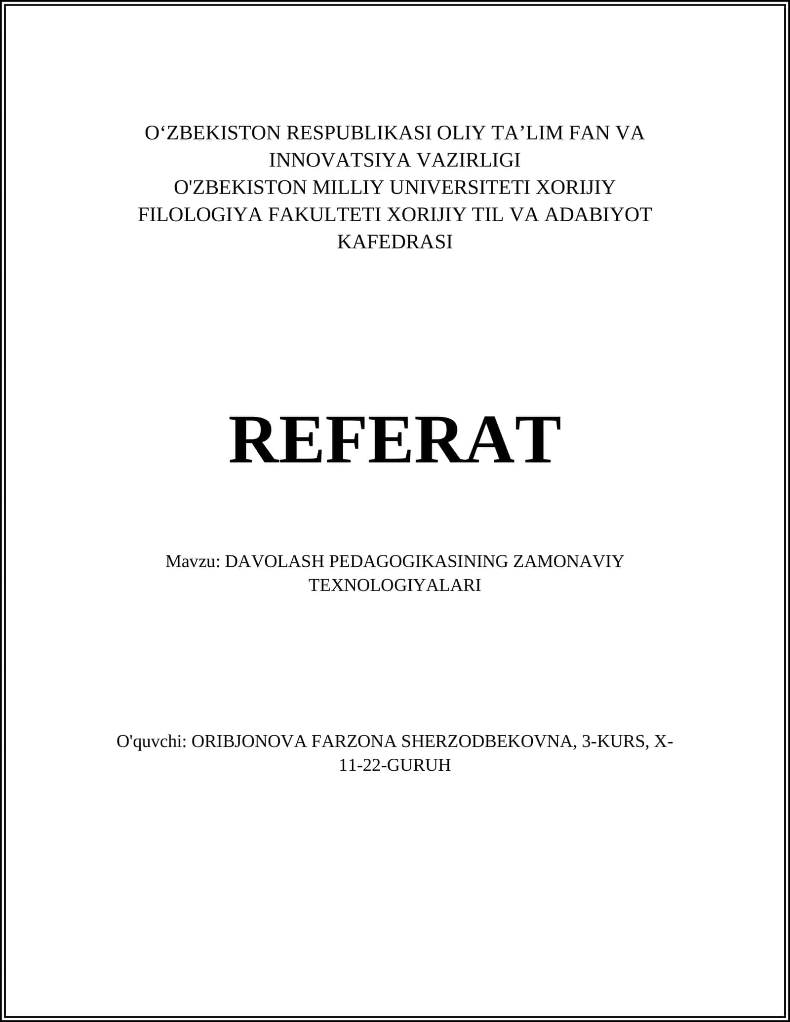 DAVOLASH PEDAGOGIKASINING ZAMONAVIY TEXNOLOGIYALARI