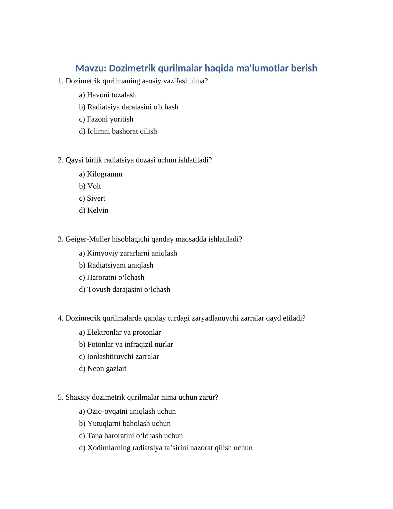 Dozimetrik qurilmalar haqida ma'lumotlar berish
