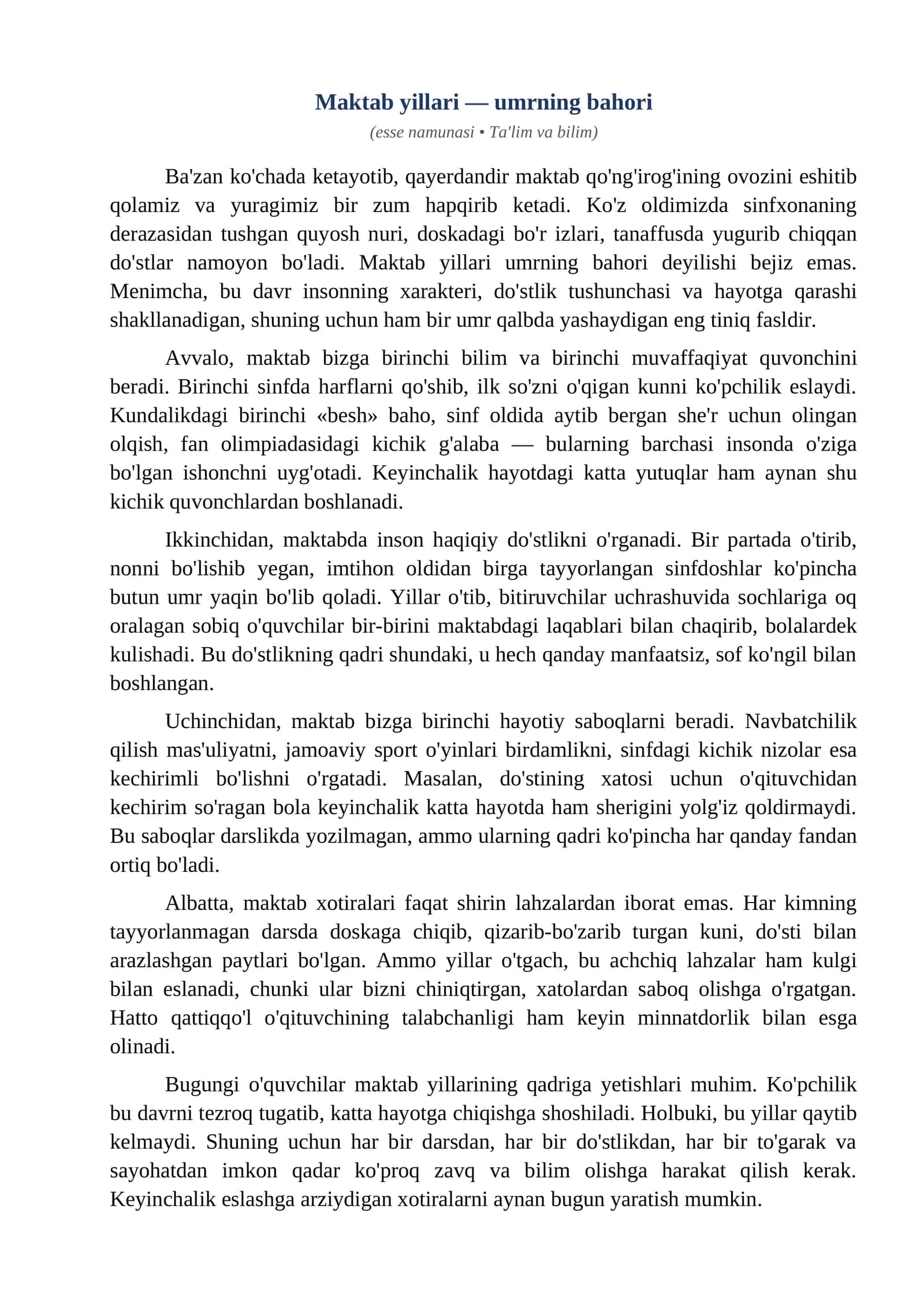 Esse Maktab yillari umrning bahori