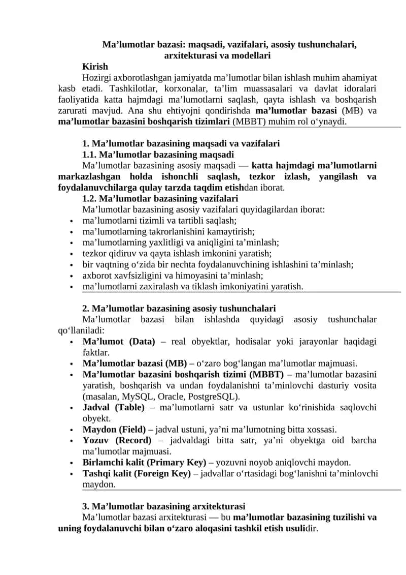 Ma’lumotlar bazasi: maqsadi, vazifalari, asosiy tushunchalari, arxitekturasi va modellari