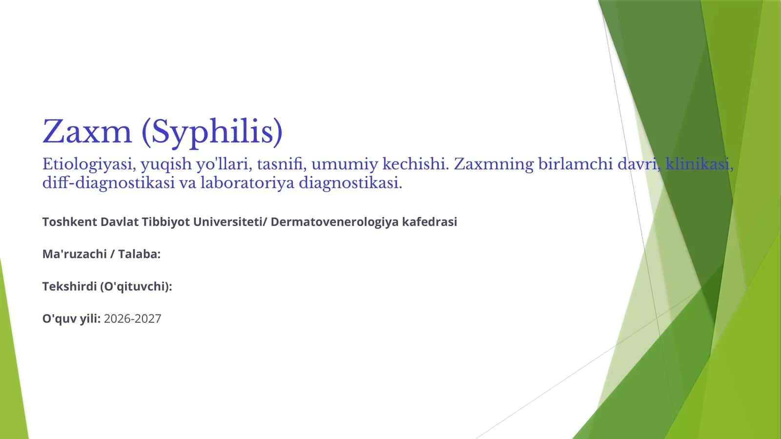 Zaxm. Etiologiyasi, yuqish yo'llari, tasnifi, umumiy kechishi. Zaxmning birlamchi davri, klinikasi, diff-diagnostikasi va labarator diagnostikasi
