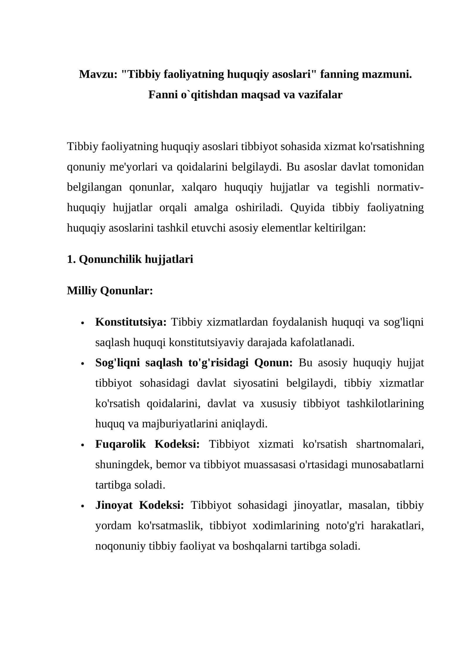 Tibbiy faoliyatning huquqiy asoslari