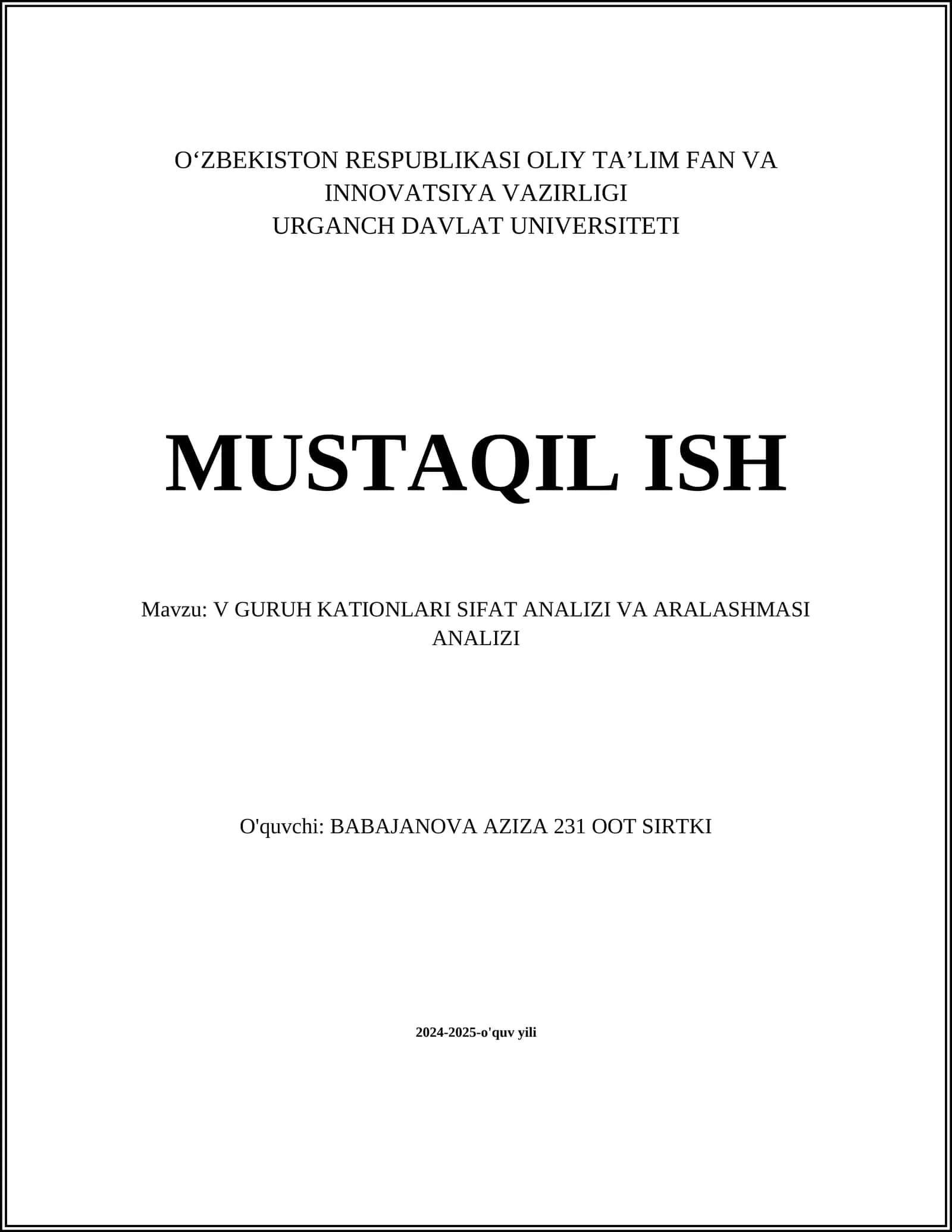 V GURUH KATIONLARI SIFAT ANALIZI VA ARALASHMASI ANALIZI