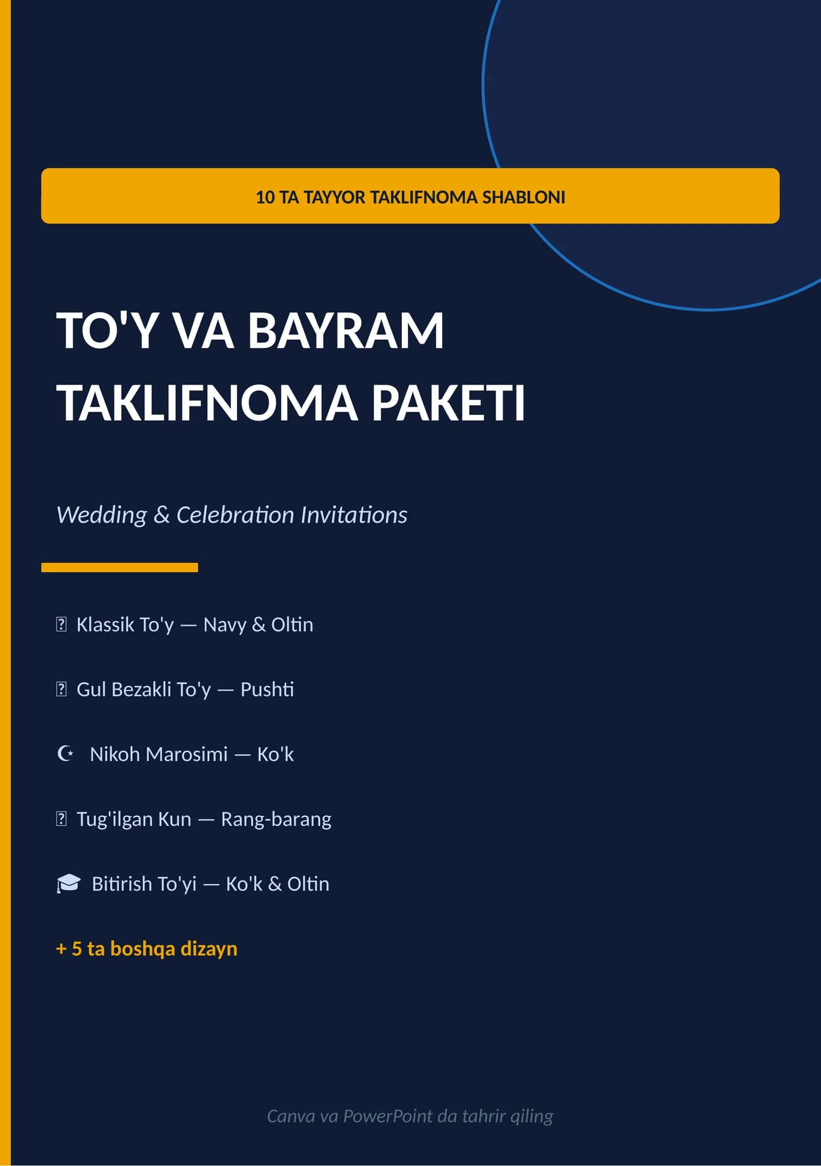 To'y va Bayram Taklifnoma Paketi — 10 ta Professional Shablon (PPTX)