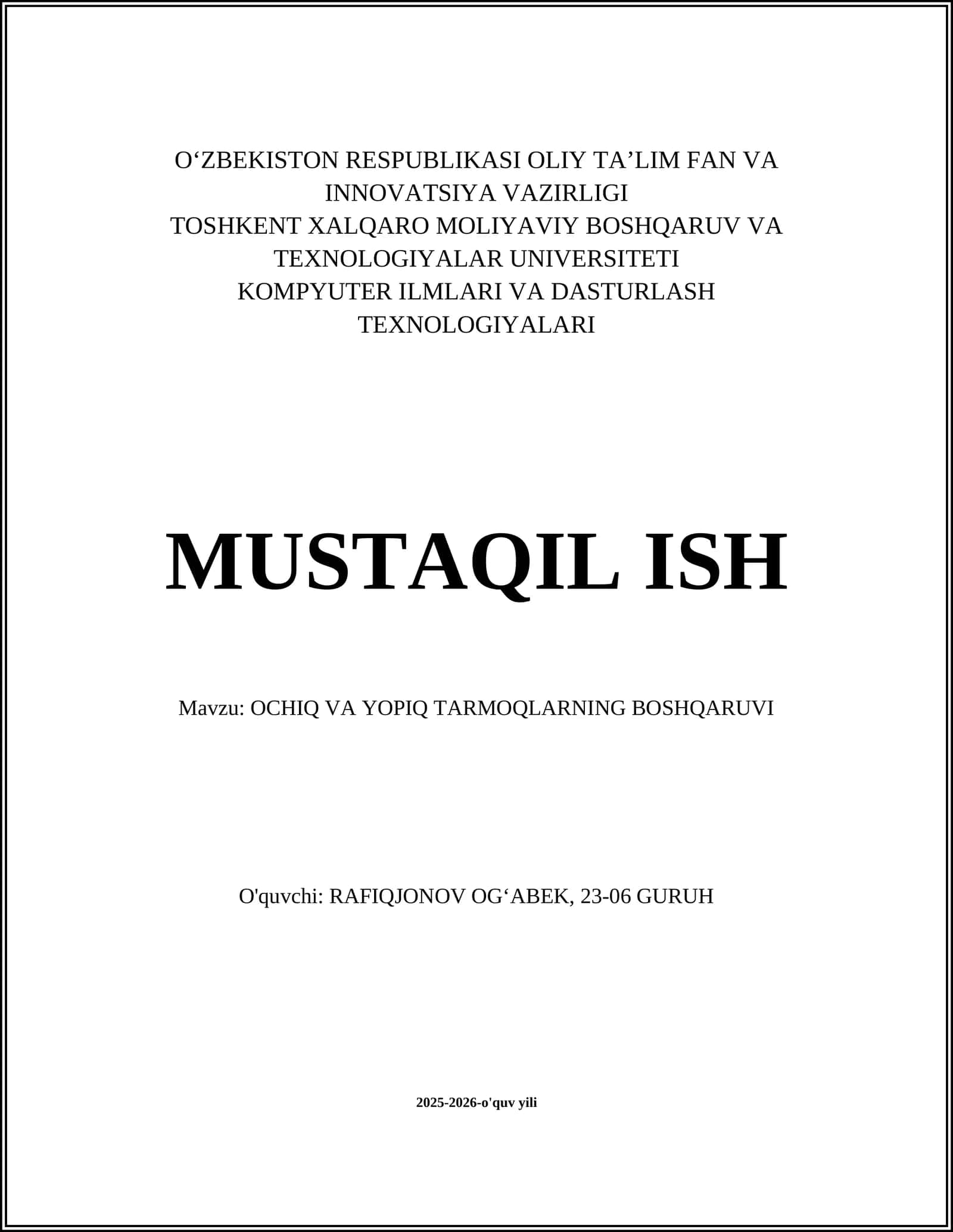 OCHIQ VA YOPIQ TARMOQLARNING BOSHQARUVI